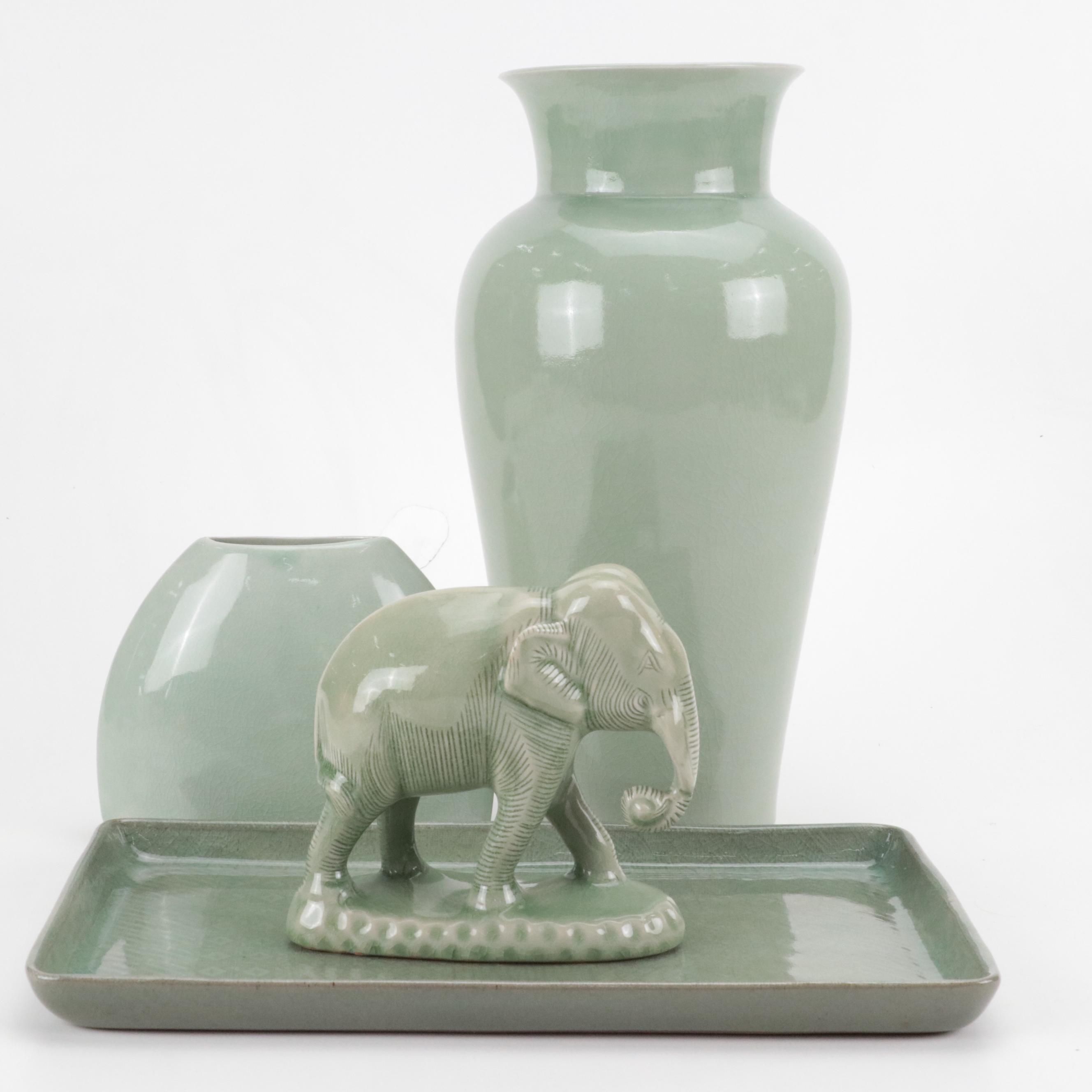 Chinese and Thai Celadon Collection with Vases, Tray and Figurine
