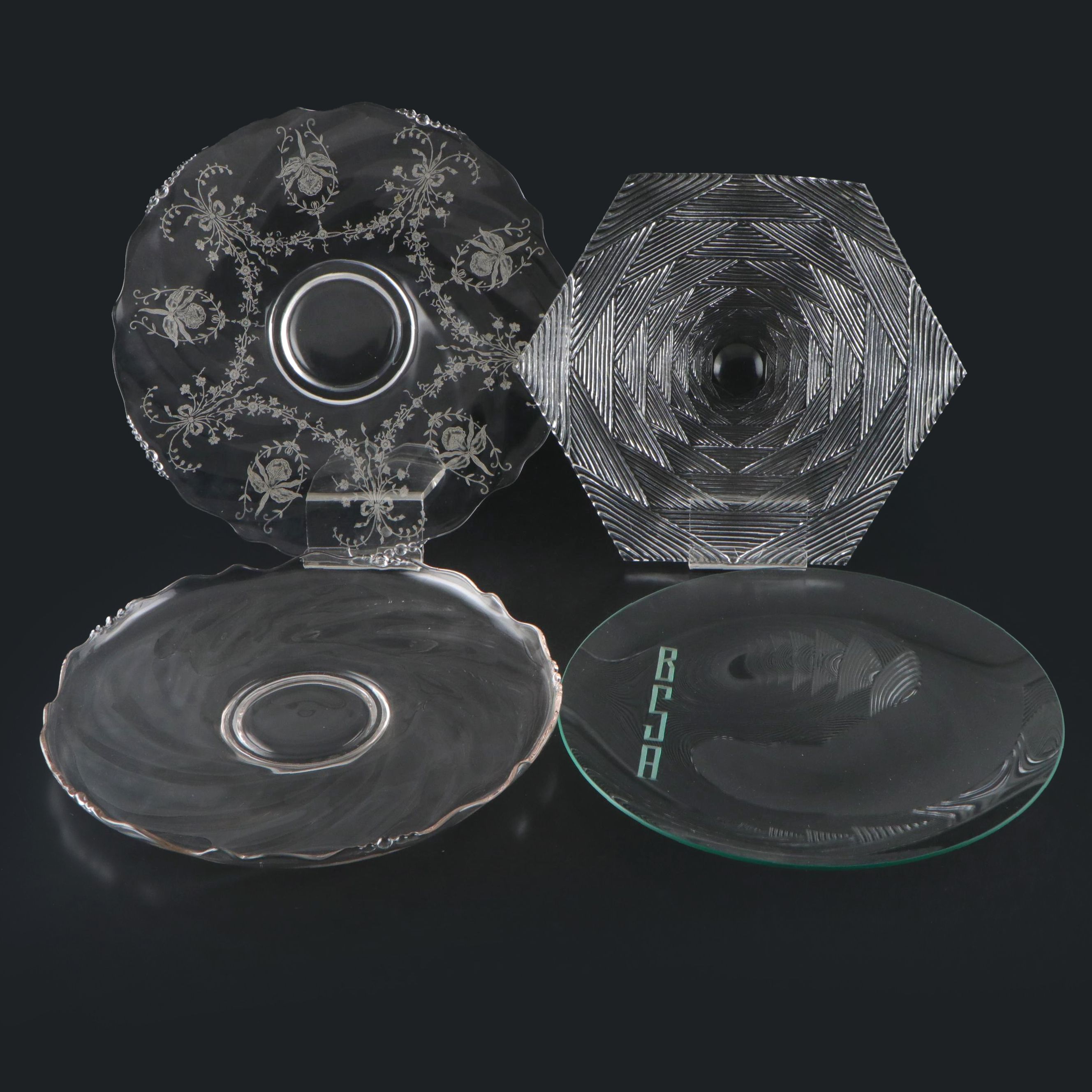Heisey "Orchid" and Other Glass Serving Platters, Mid to Late 20th Century