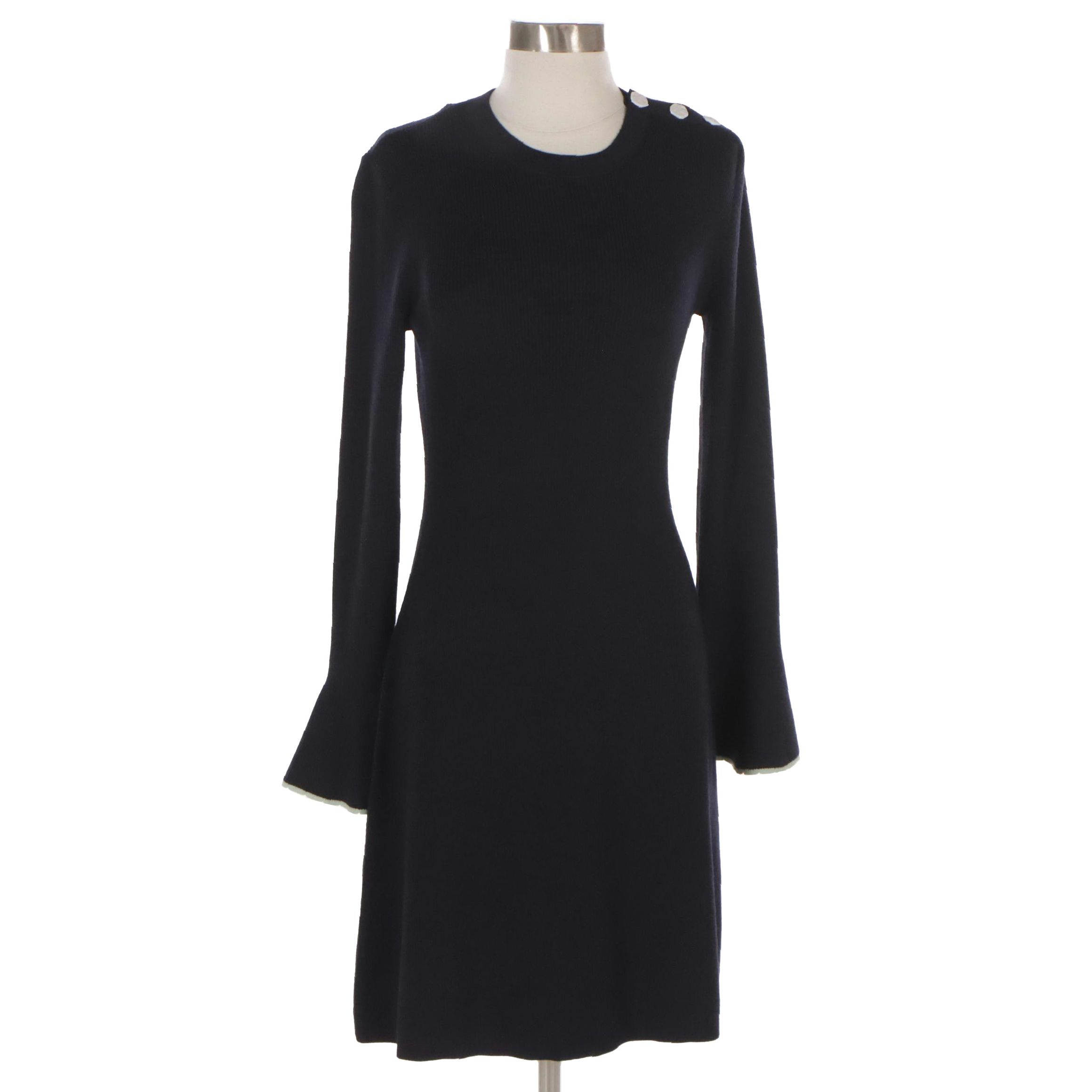 Tory Burch Ribbed Knit Flare Sleeve Sweater Dress in Medium Navy, New with Tag