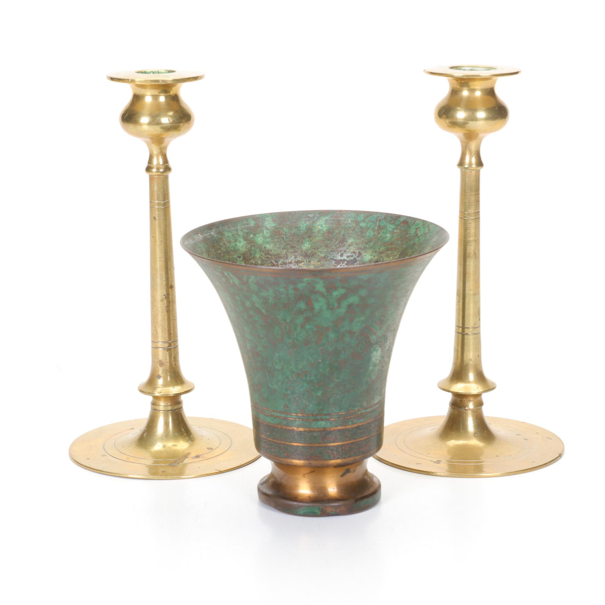 Carl Sorensen Verdigris Bronze Vase with Arts & Crafts Style Brass Candlesticks
