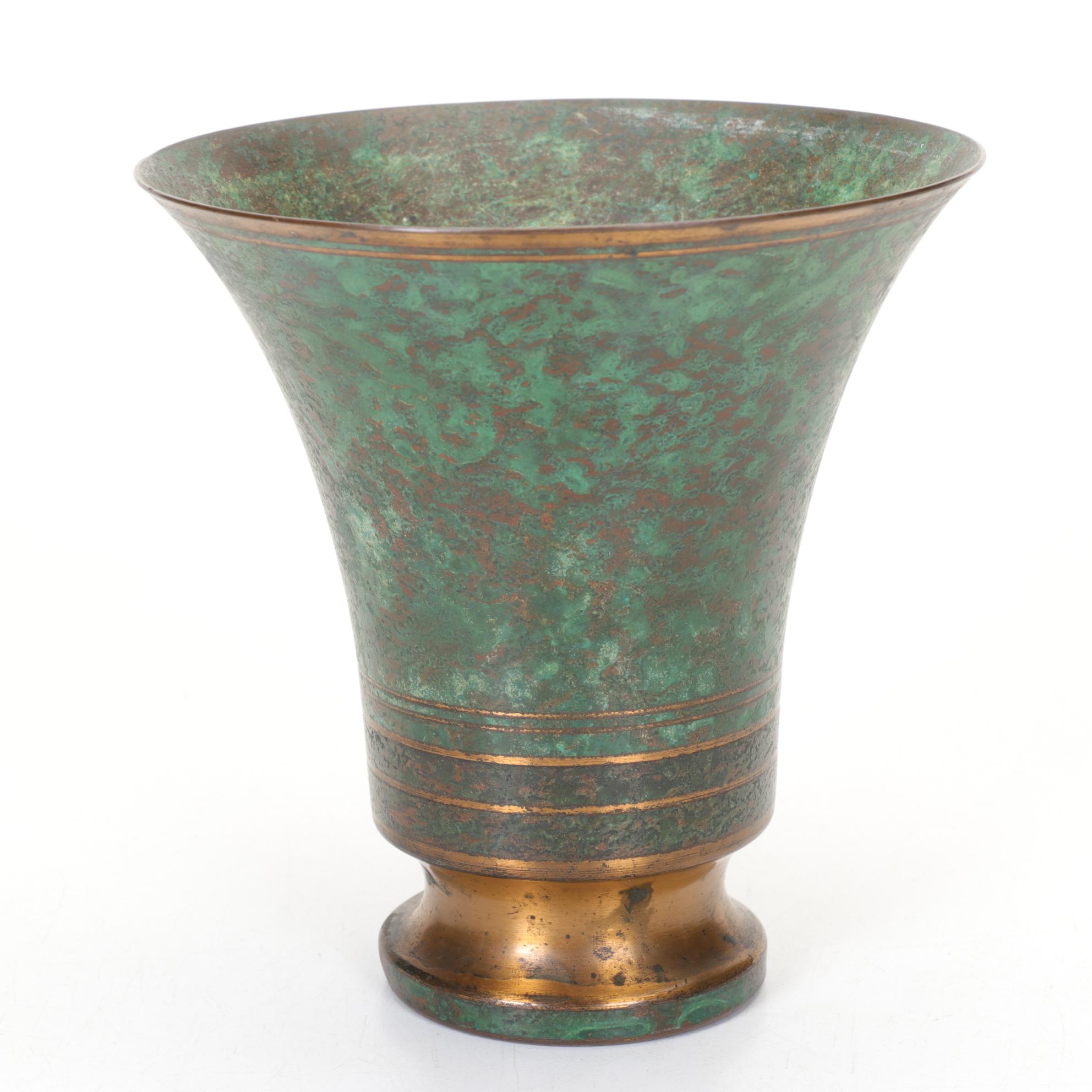 Carl Sorensen Verdigris Bronze Vase with Arts & Crafts Style Brass Candlesticks