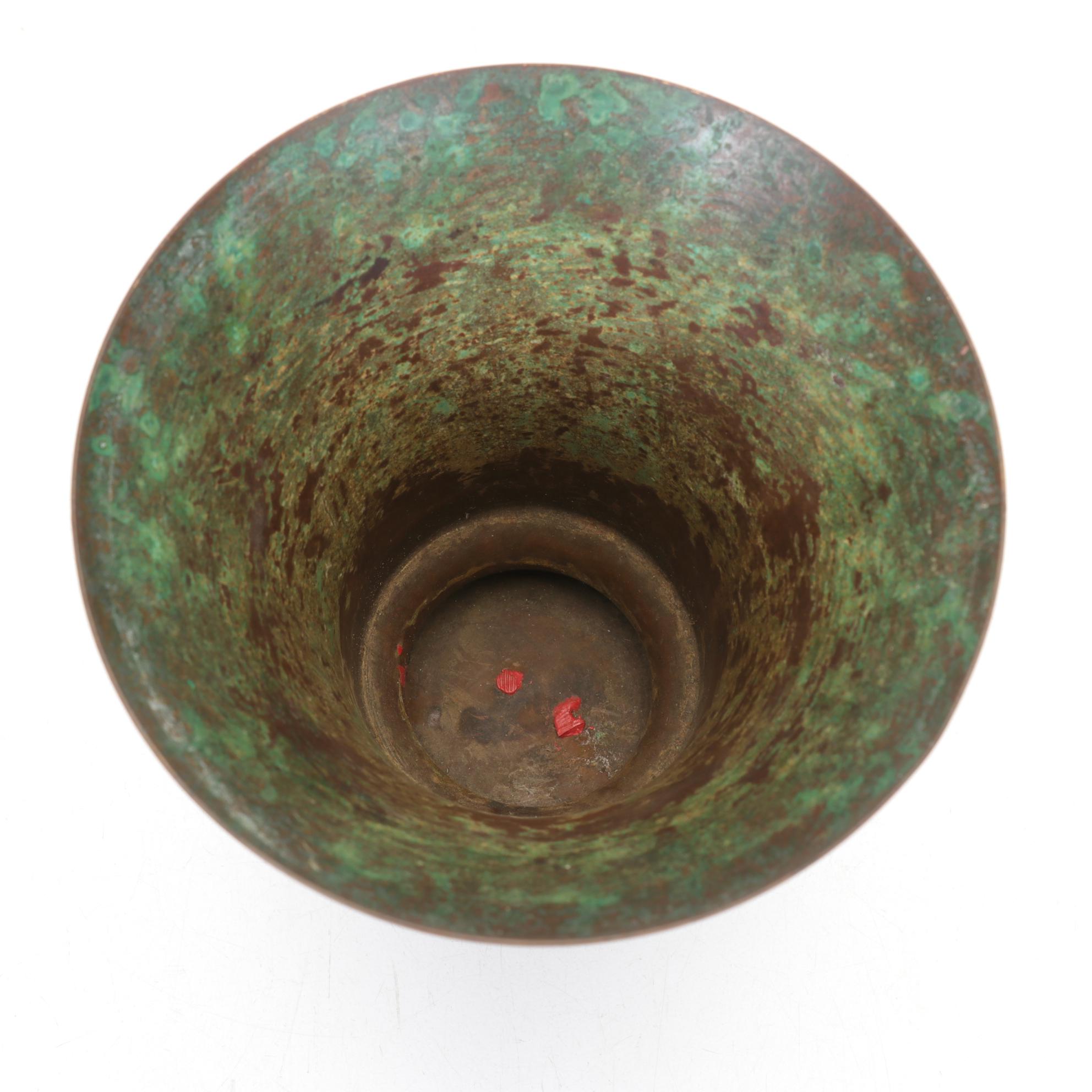 Carl Sorensen Verdigris Bronze Vase with Arts & Crafts Style Brass Candlesticks