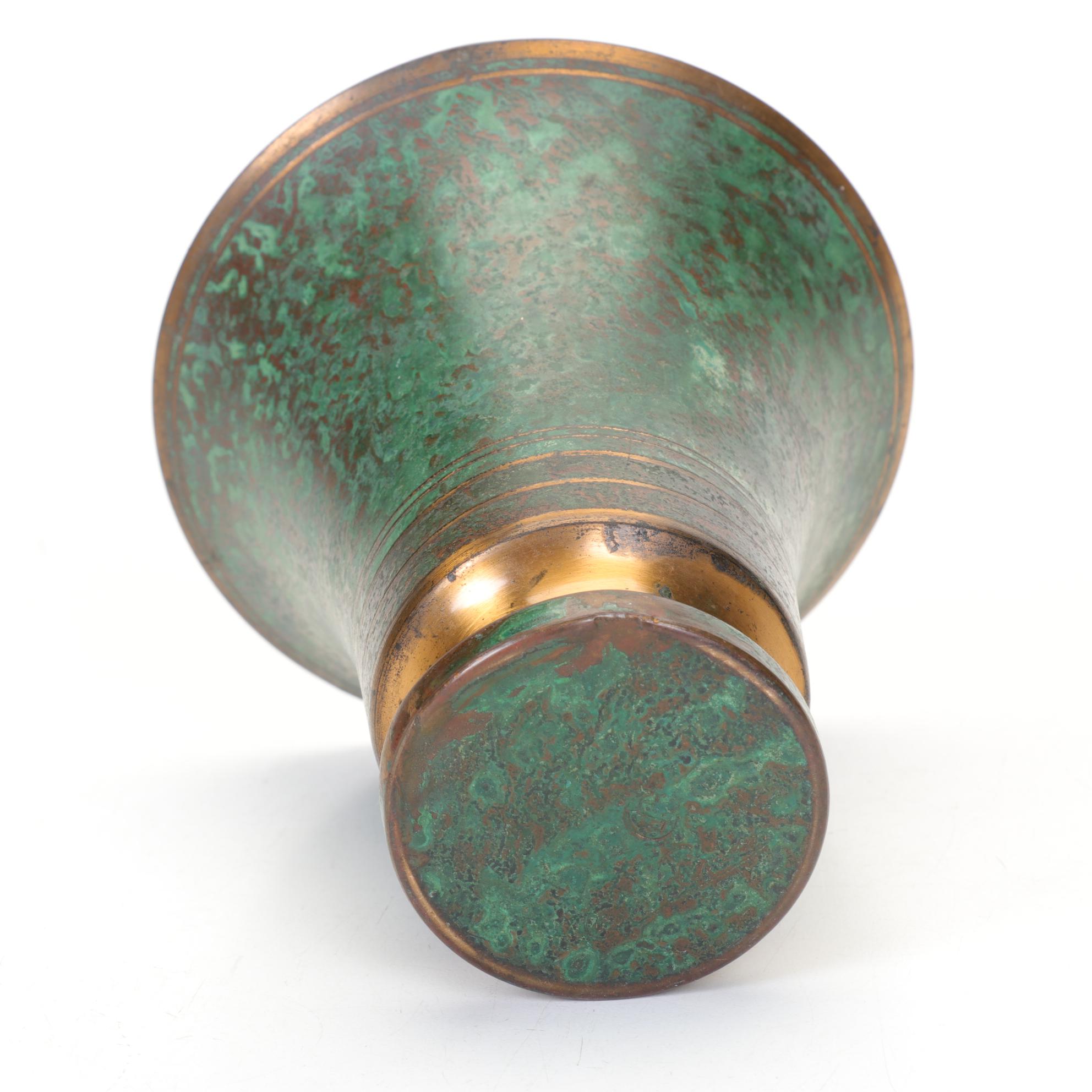 Carl Sorensen Verdigris Bronze Vase with Arts & Crafts Style Brass Candlesticks