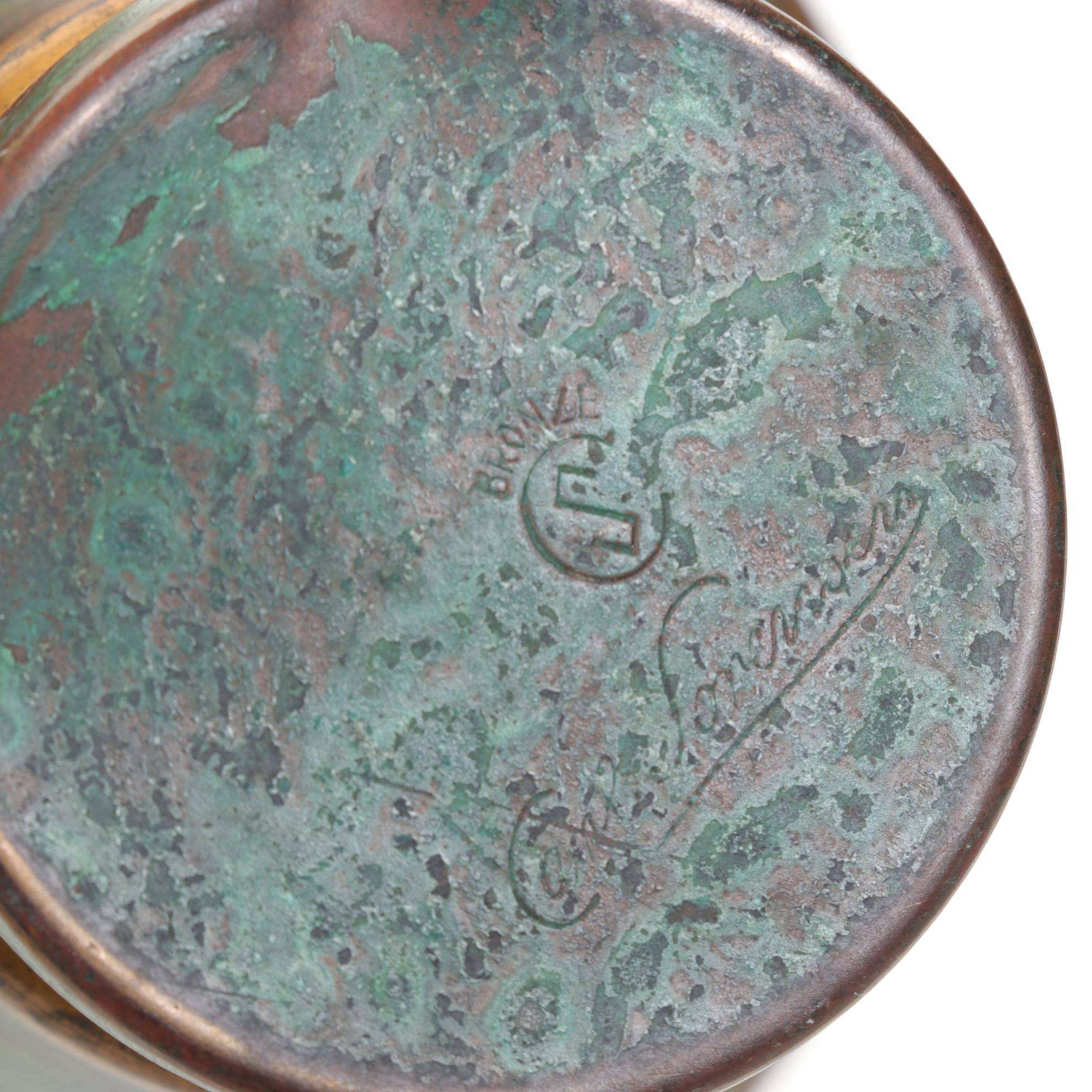 Carl Sorensen Verdigris Bronze Vase with Arts & Crafts Style Brass Candlesticks