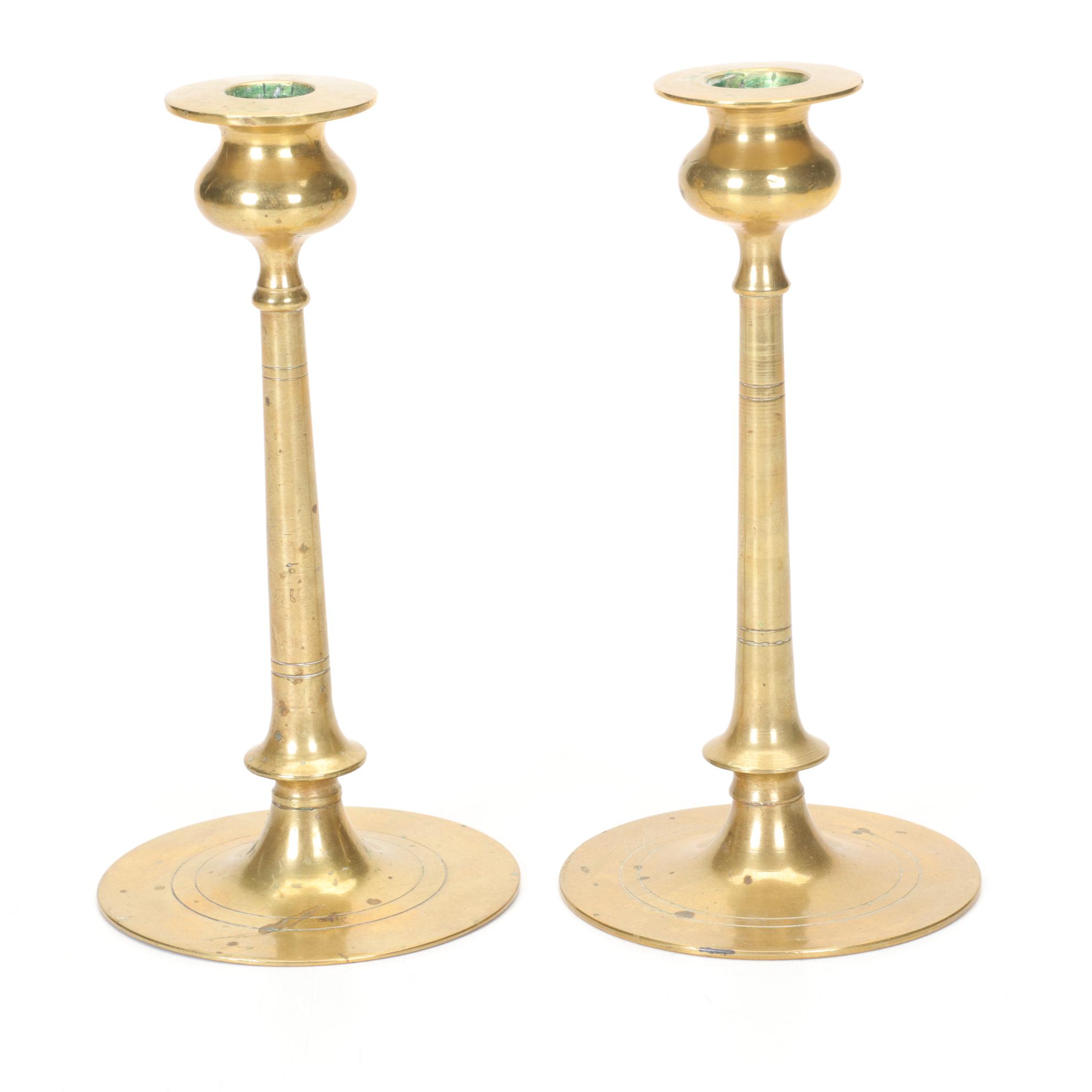 Carl Sorensen Verdigris Bronze Vase with Arts & Crafts Style Brass Candlesticks