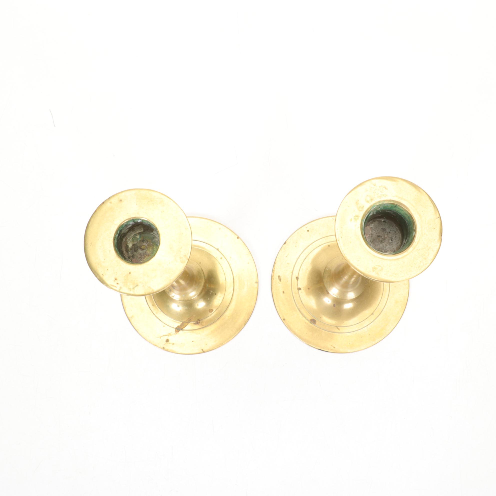 Carl Sorensen Verdigris Bronze Vase with Arts & Crafts Style Brass Candlesticks