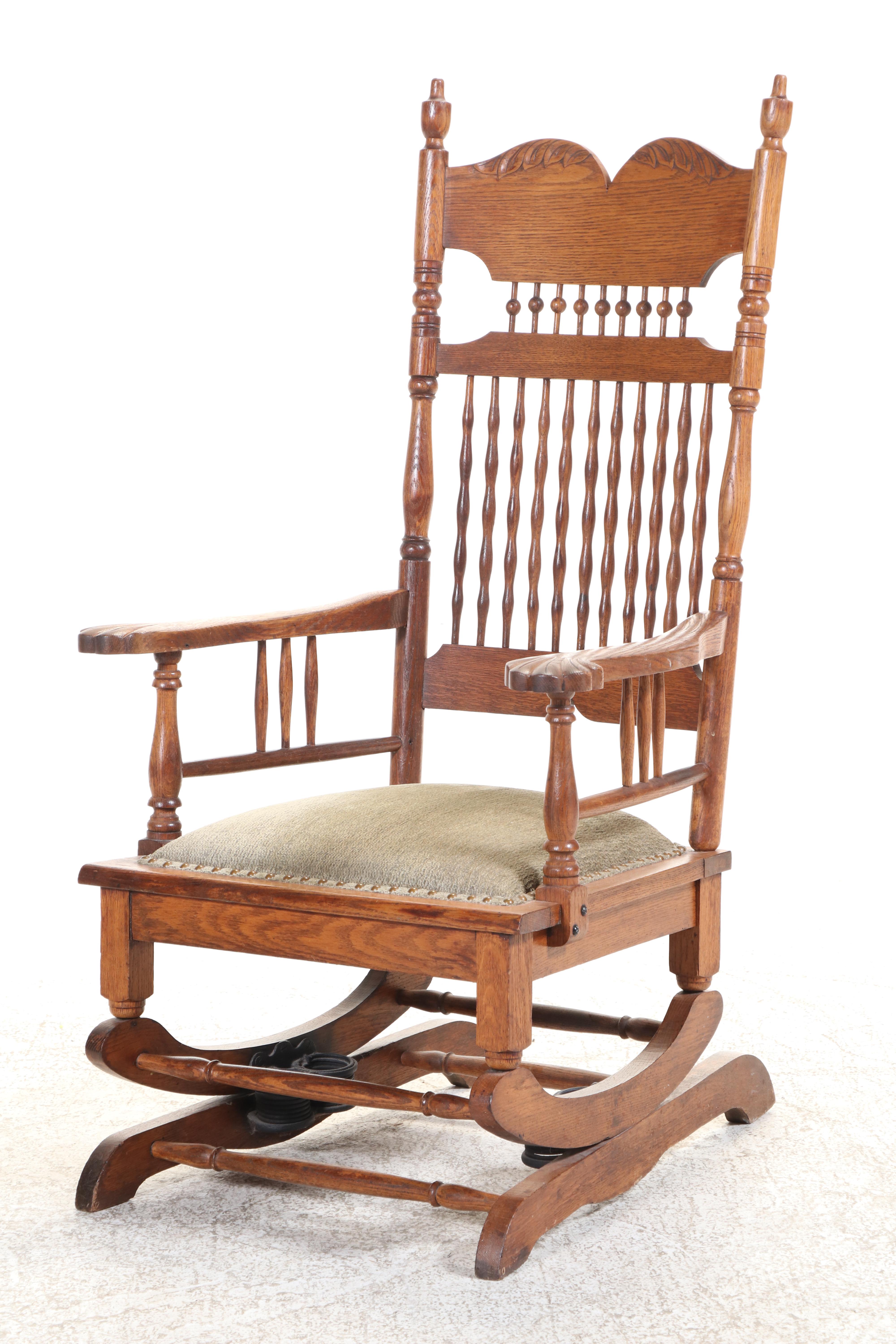 Late Victorian Quartersawn and Carved Oak Platform Rocker with Storage Ottoman