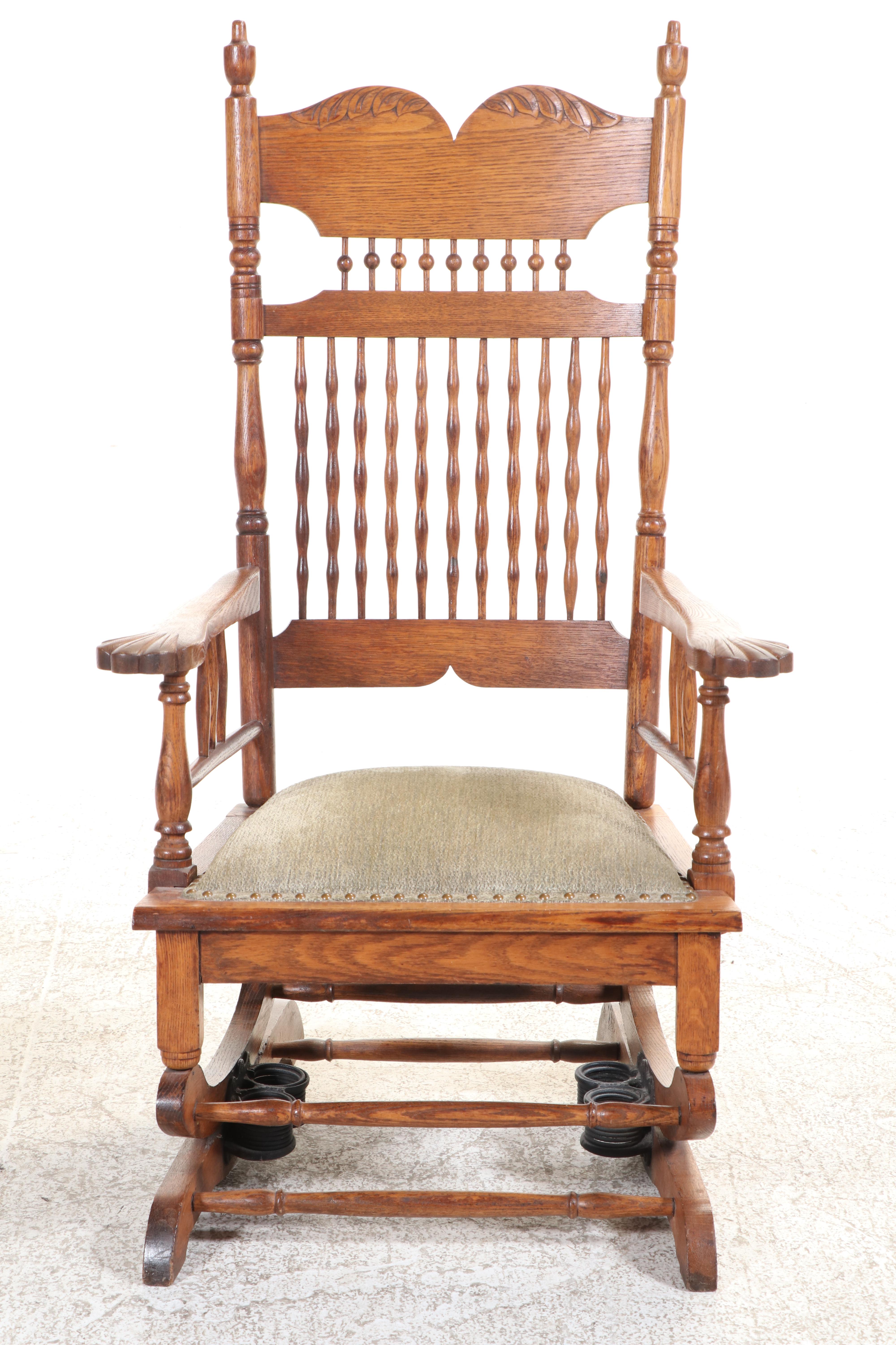 Late Victorian Quartersawn and Carved Oak Platform Rocker with Storage Ottoman
