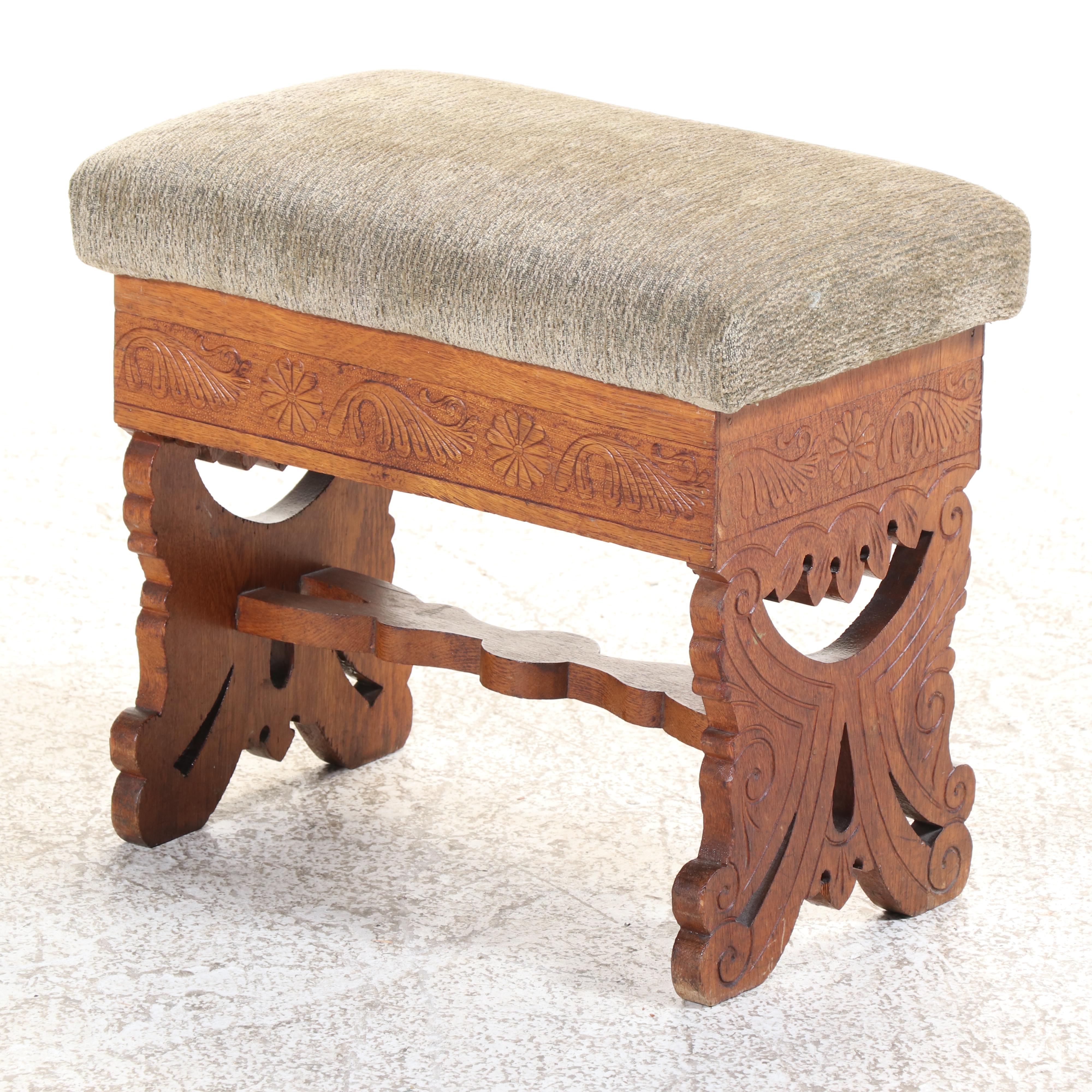 Late Victorian Quartersawn and Carved Oak Platform Rocker with Storage Ottoman