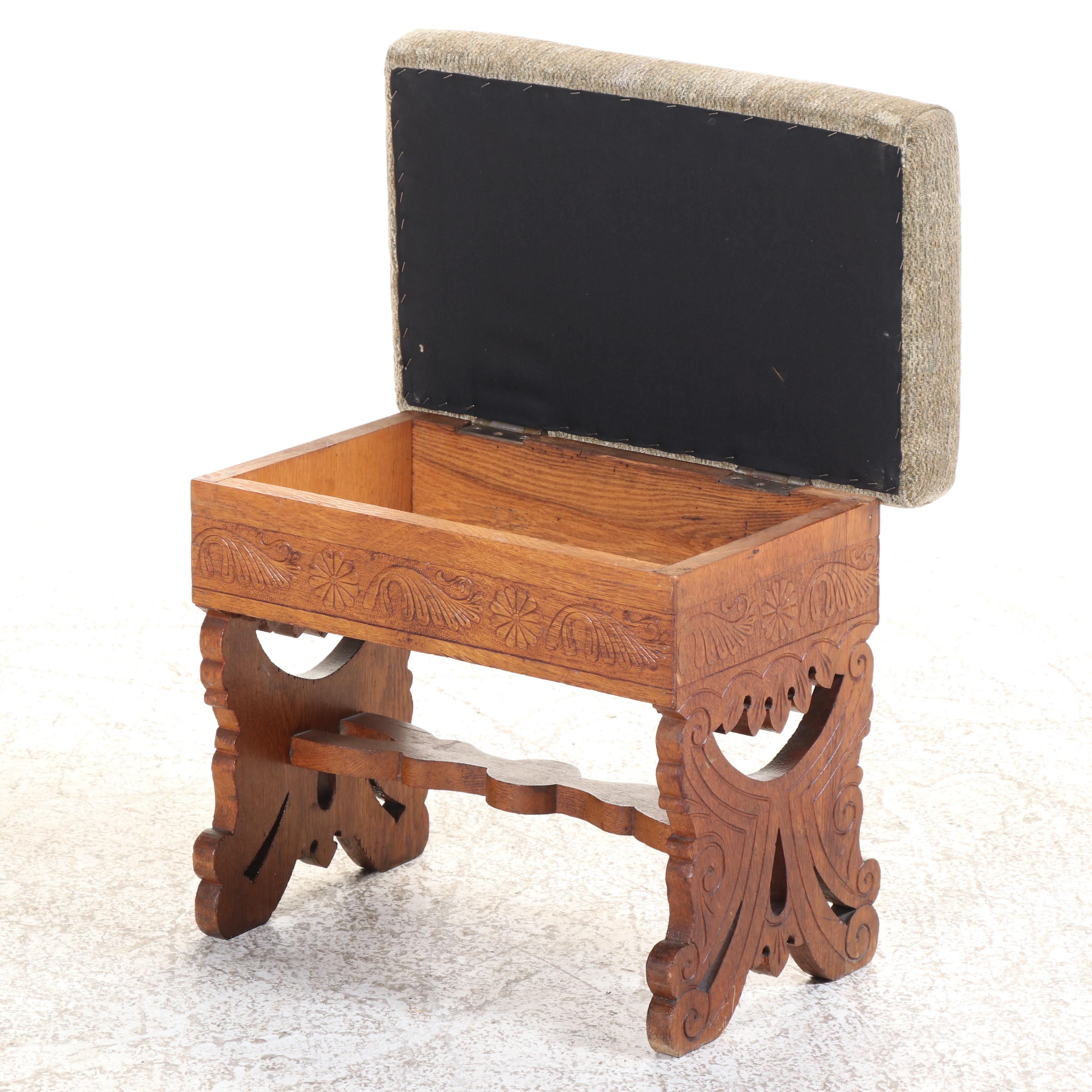 Late Victorian Quartersawn and Carved Oak Platform Rocker with Storage Ottoman