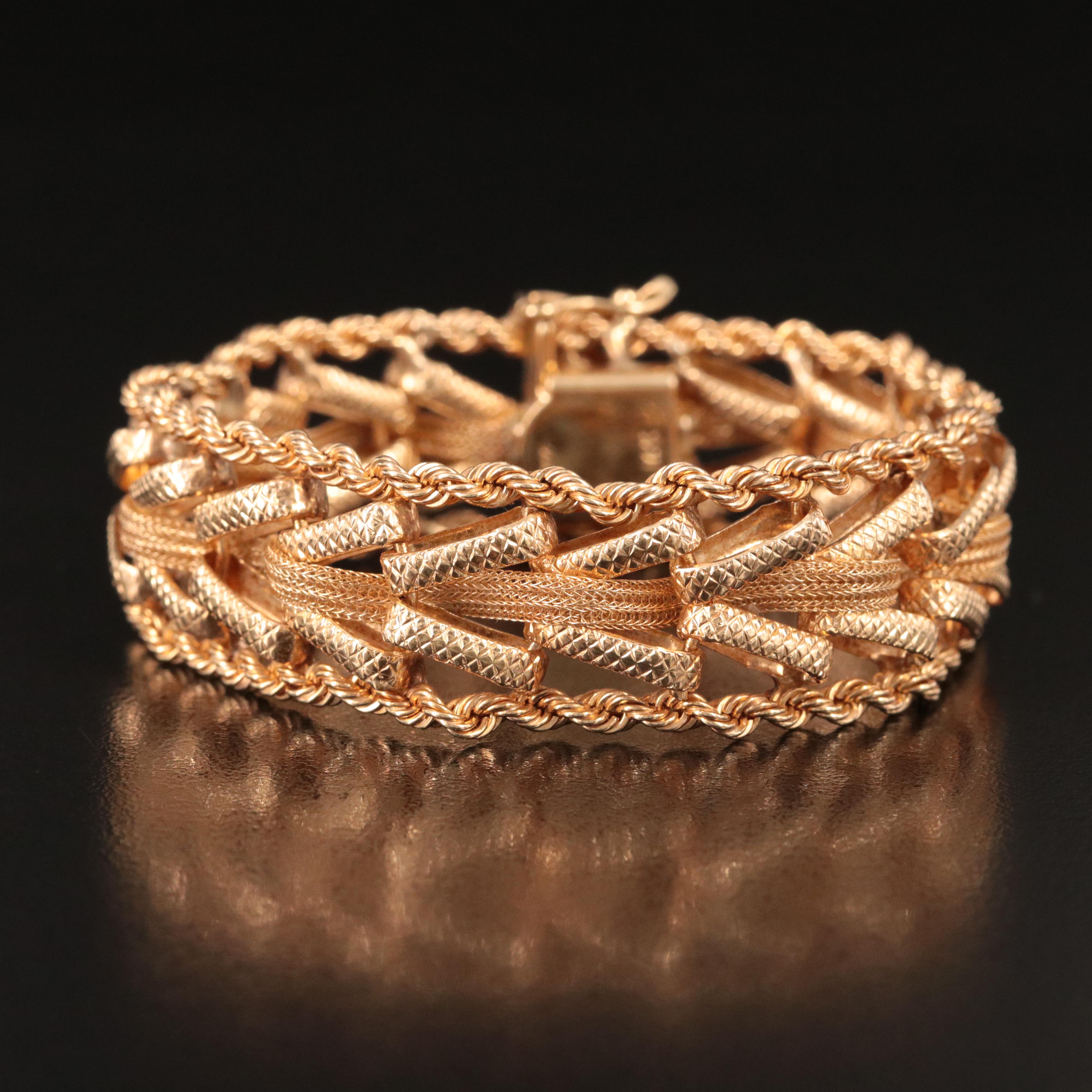 14K Rope, Mesh and Chevron Link Bracelet