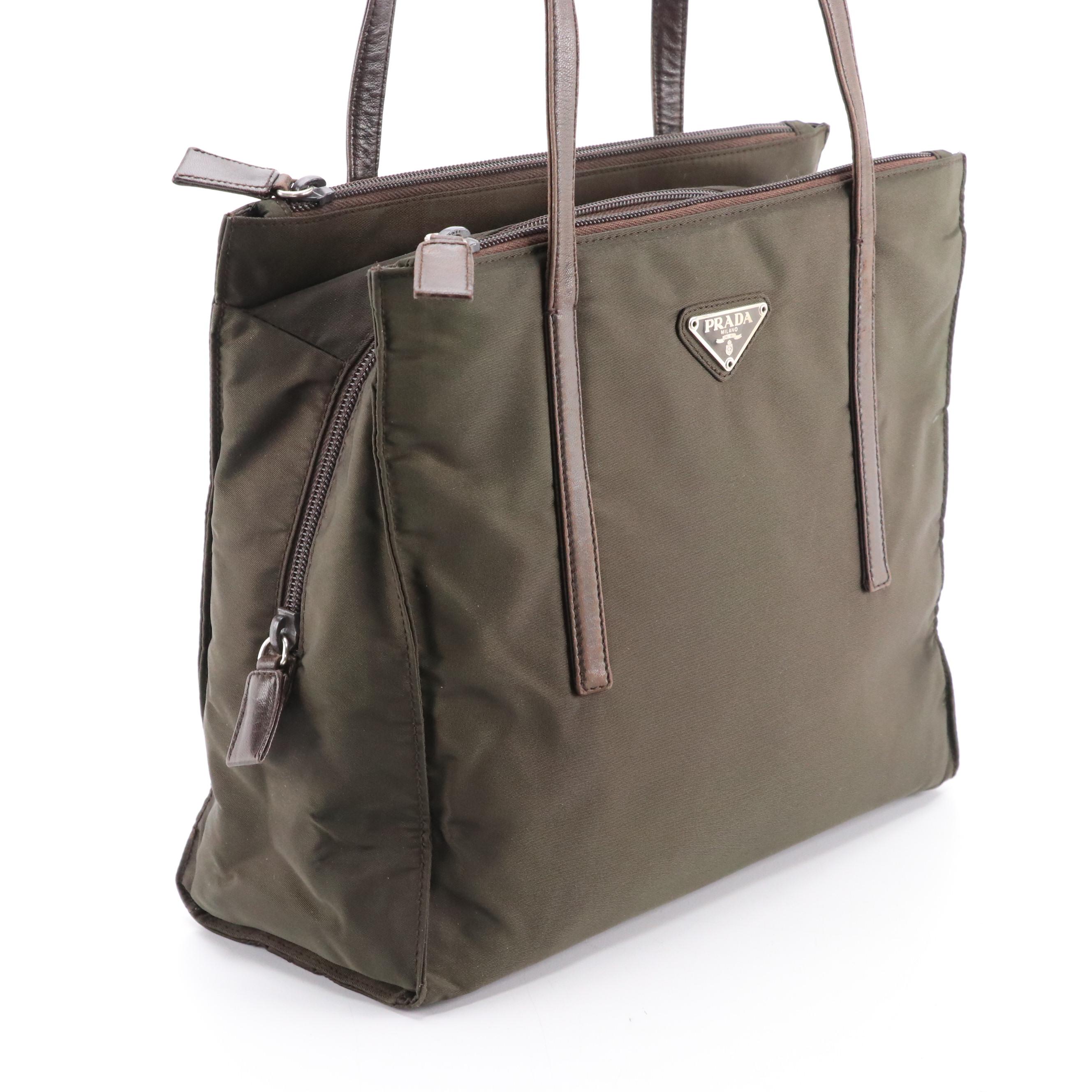 Prada Shoulder Tote Bag in Army Green Tessuto Nylon and Brown Leather