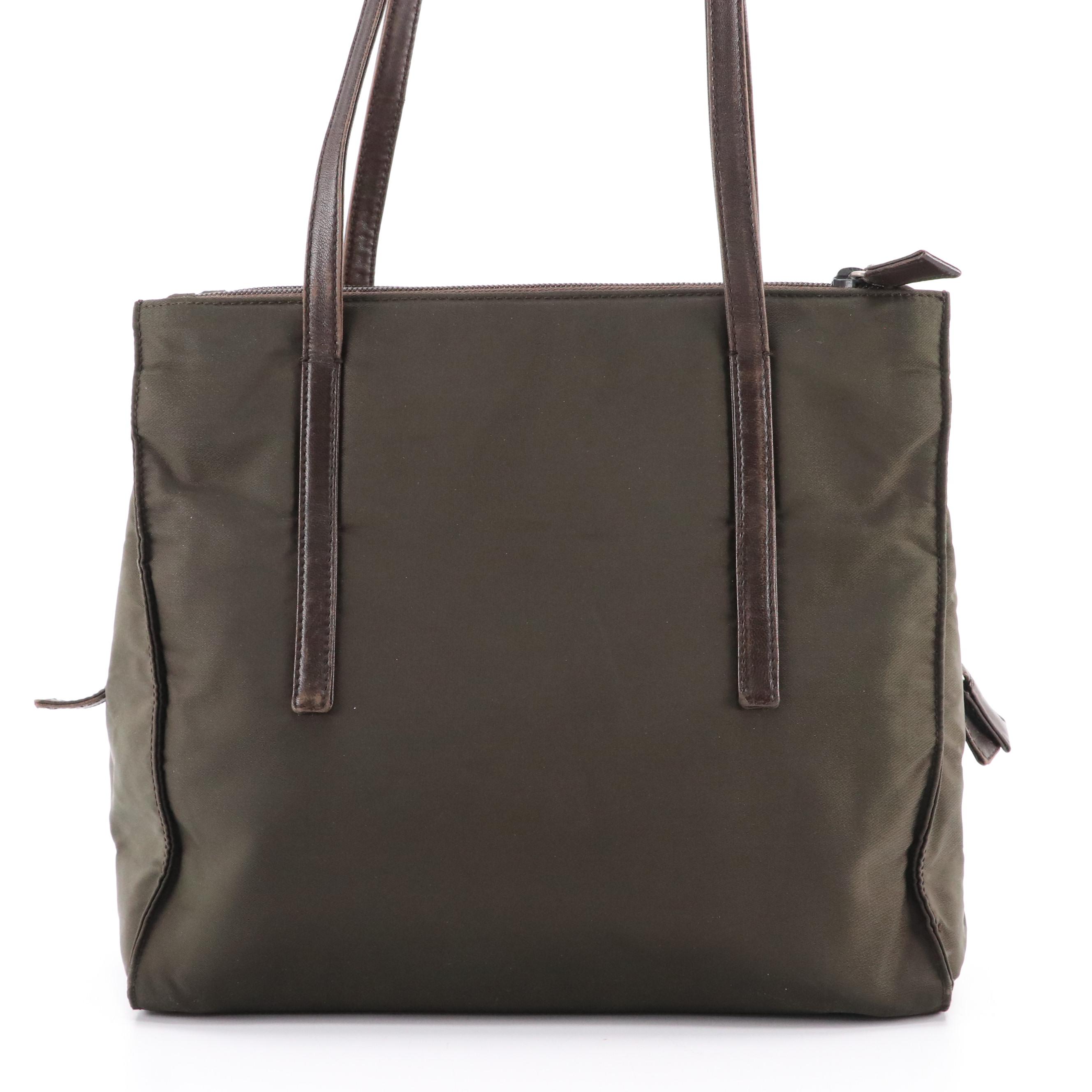 Prada Shoulder Tote Bag in Army Green Tessuto Nylon and Brown Leather