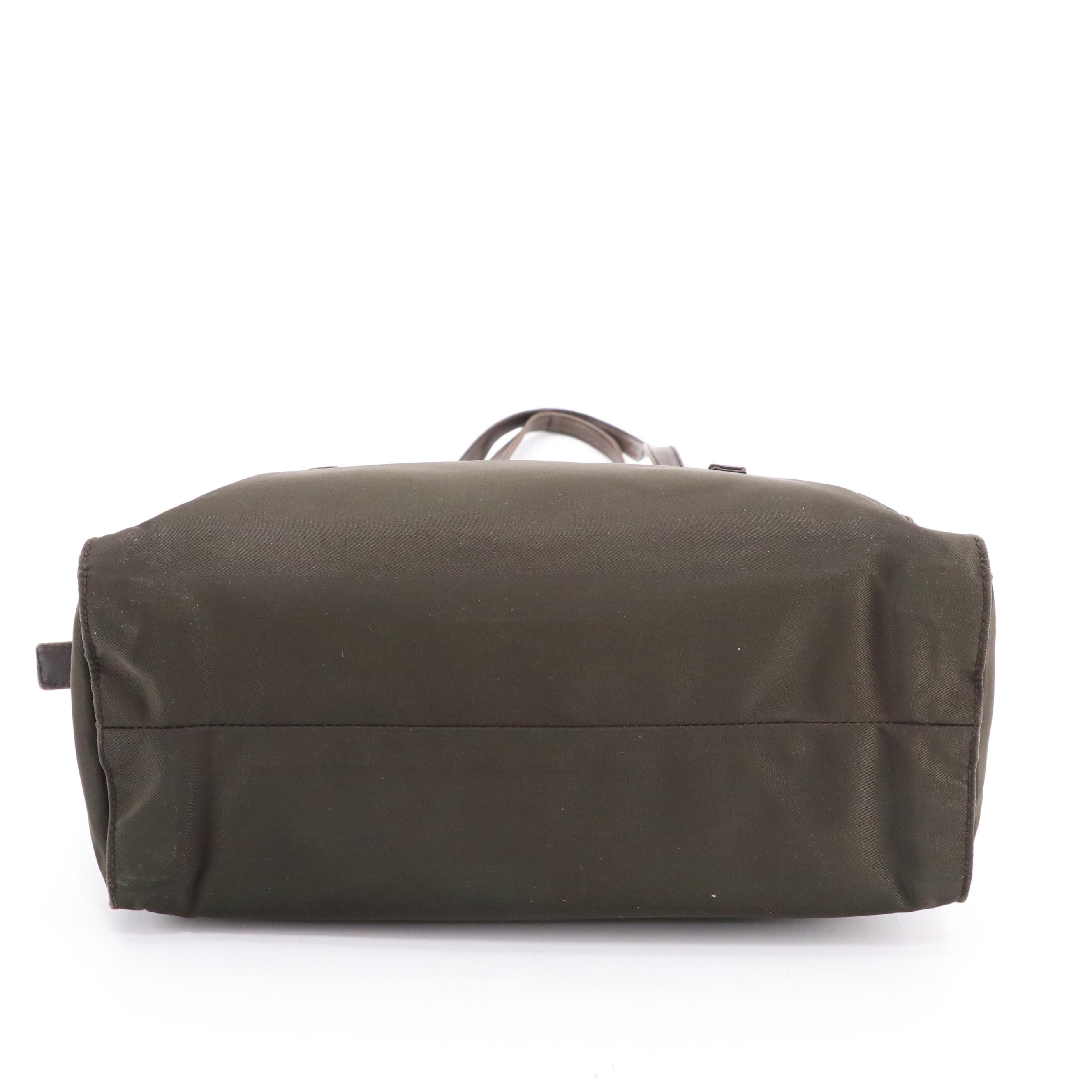 Prada Shoulder Tote Bag in Army Green Tessuto Nylon and Brown Leather