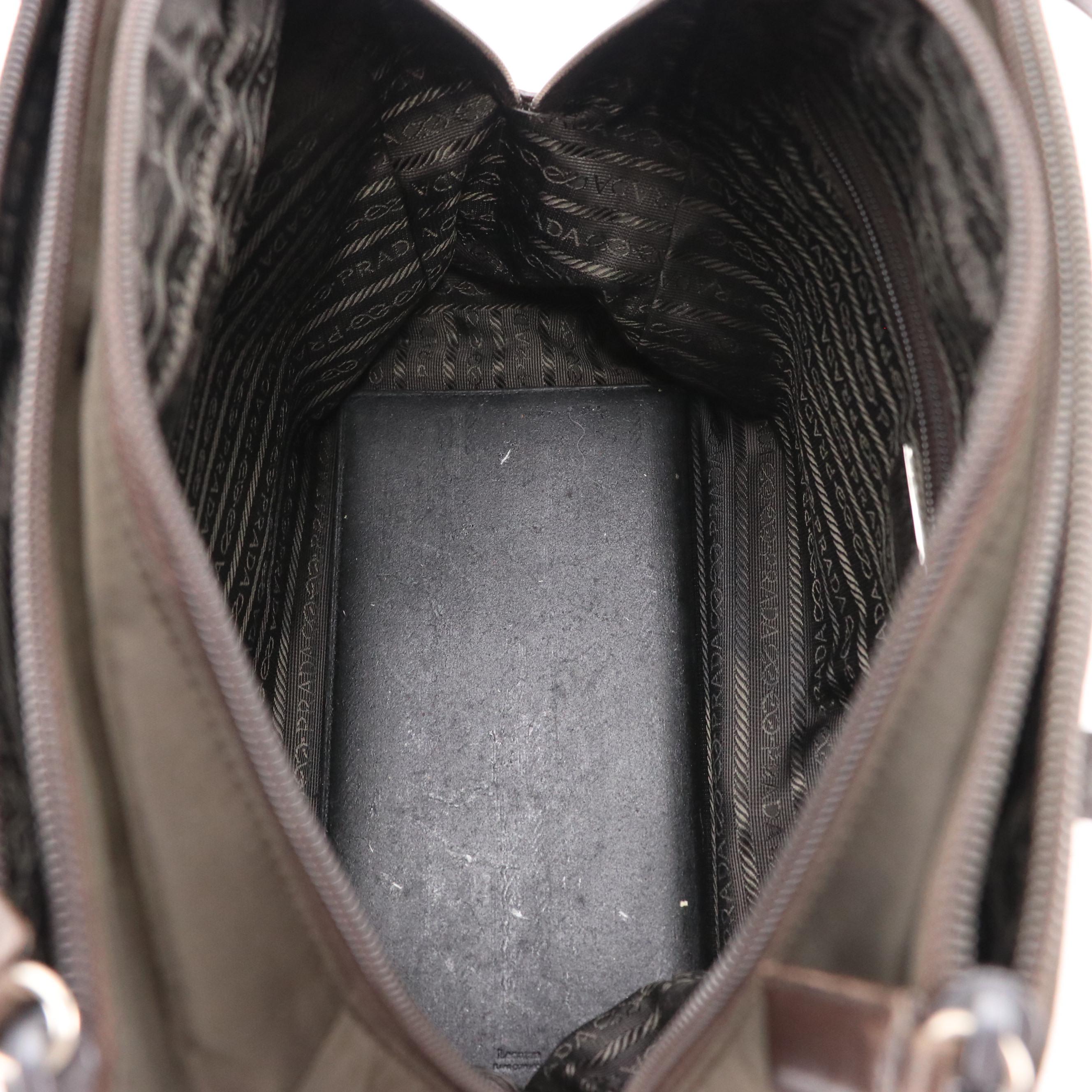 Prada Shoulder Tote Bag in Army Green Tessuto Nylon and Brown Leather