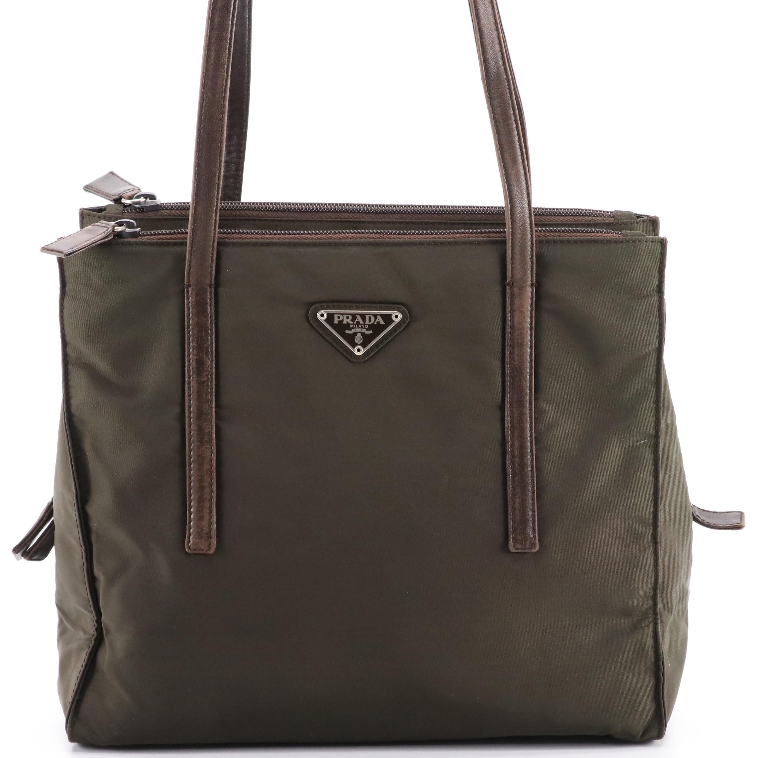 Prada Shoulder Tote Bag in Army Green Tessuto Nylon and Brown Leather