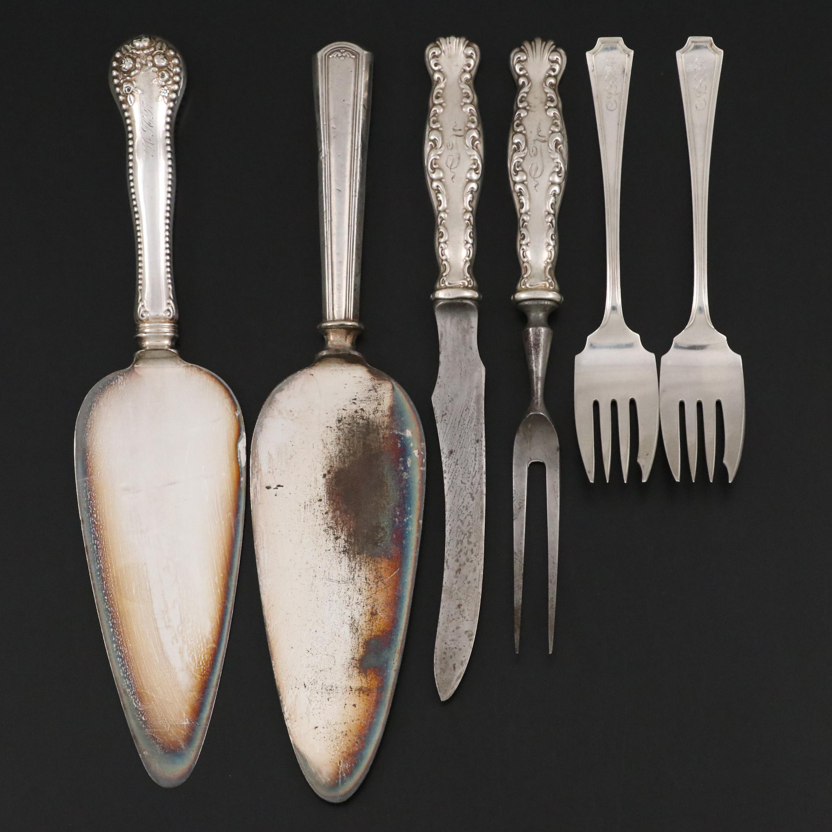 Durgin "Fairfax" Sterling Silver Salad Forks with Sterling Handled Serveware