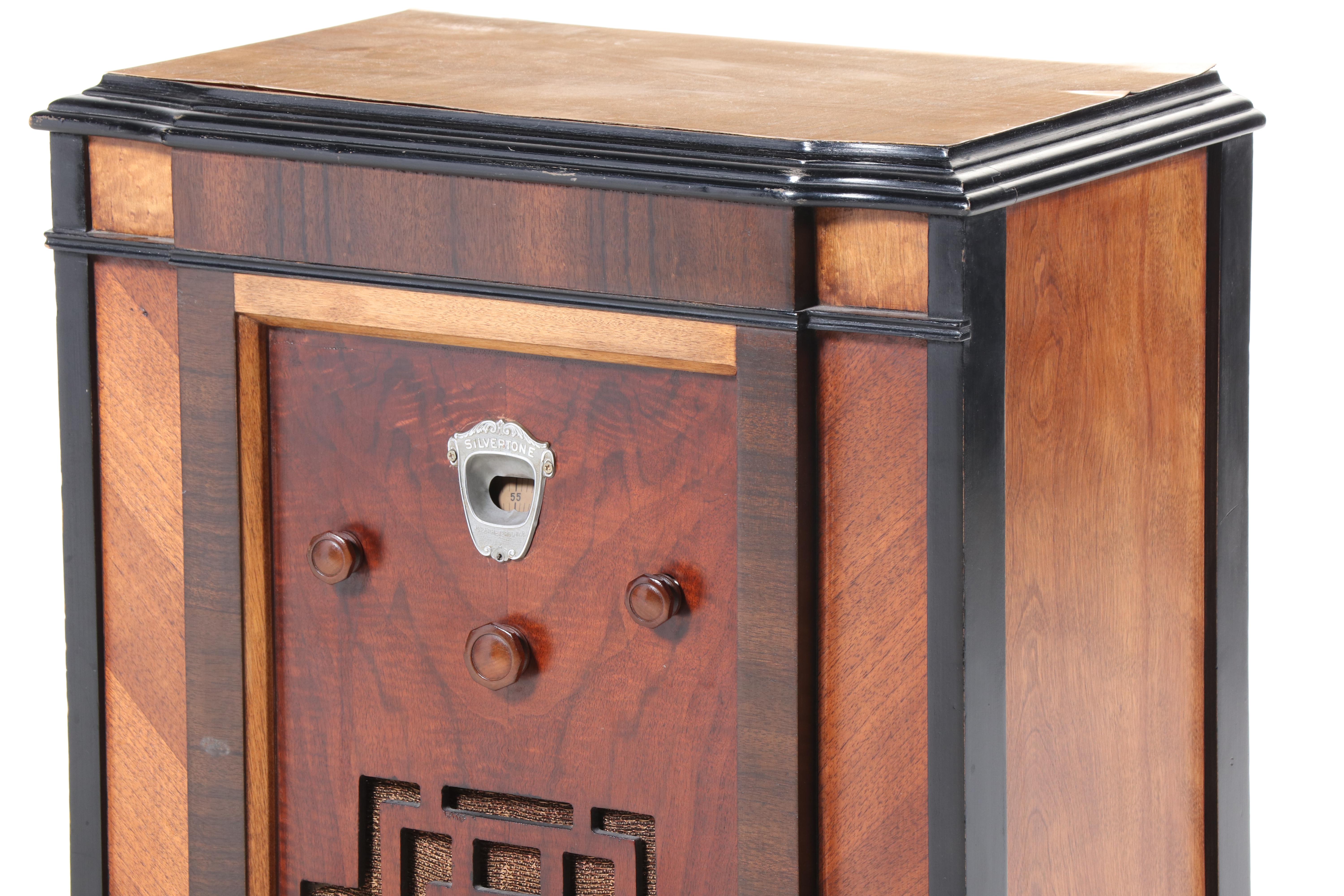 Silvertone Art Deco Walnut, Maple, and Ebonized Floor Radio, Mid-20th Century