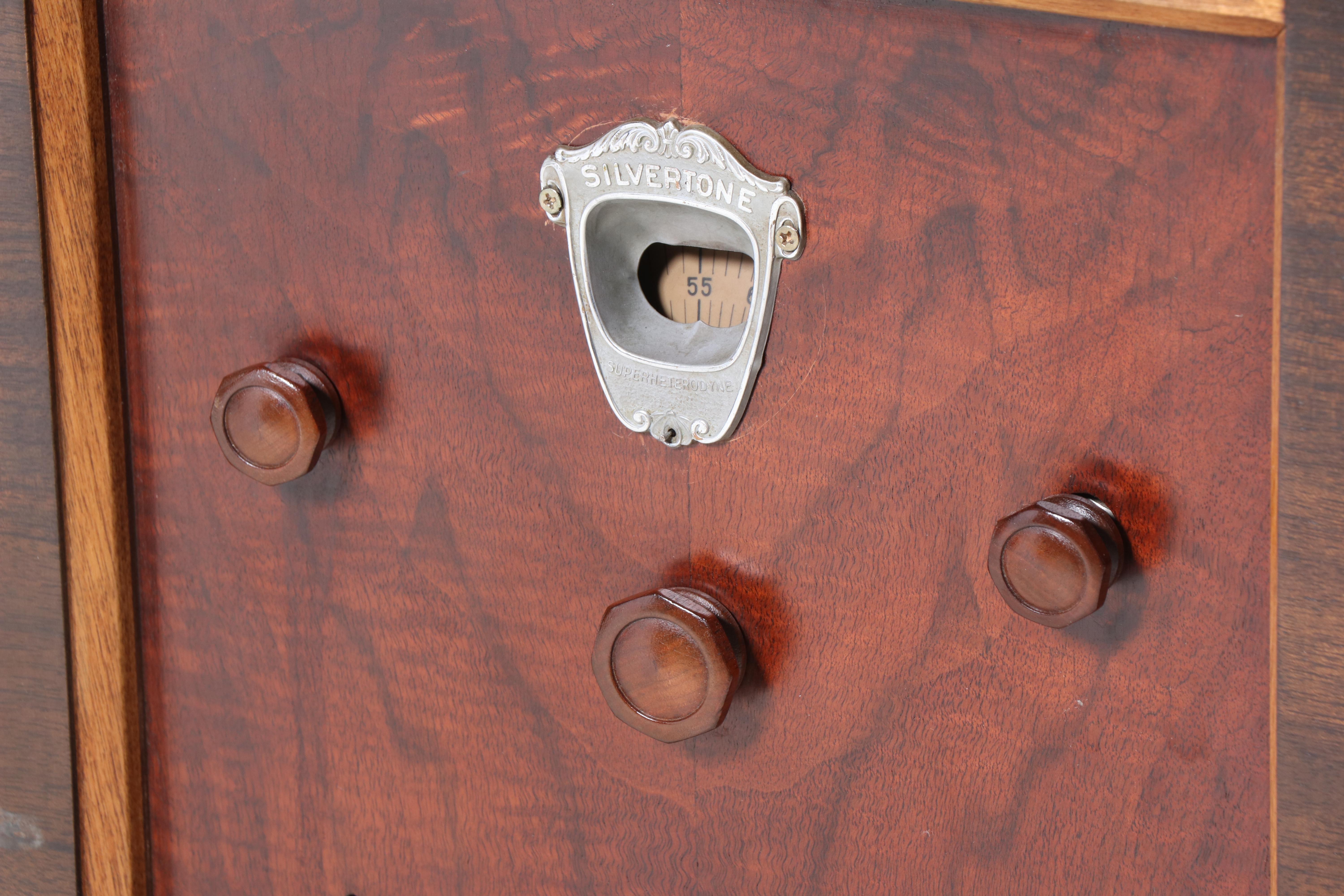 Silvertone Art Deco Walnut, Maple, and Ebonized Floor Radio, Mid-20th Century