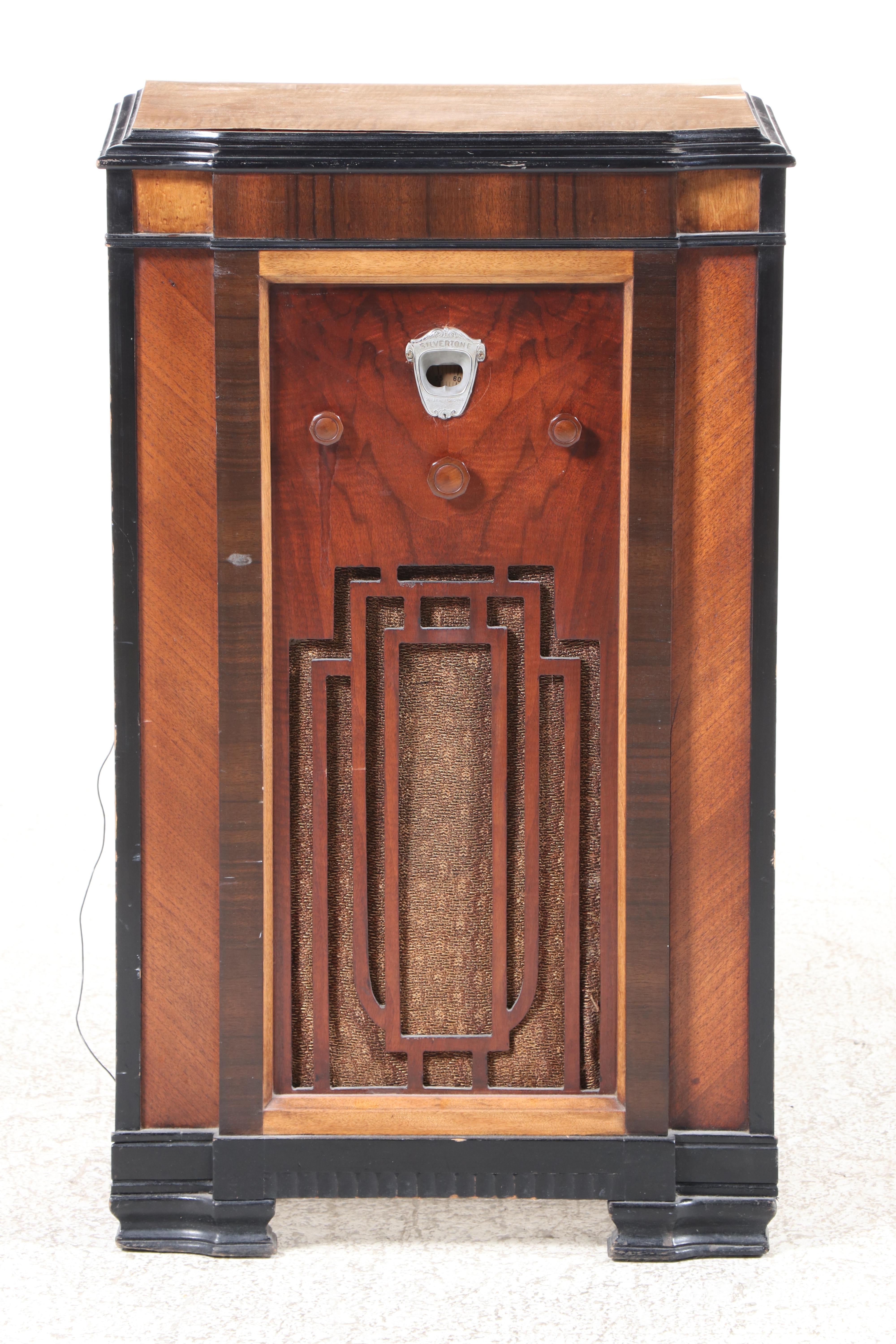 Silvertone Art Deco Walnut, Maple, and Ebonized Floor Radio, Mid-20th Century
