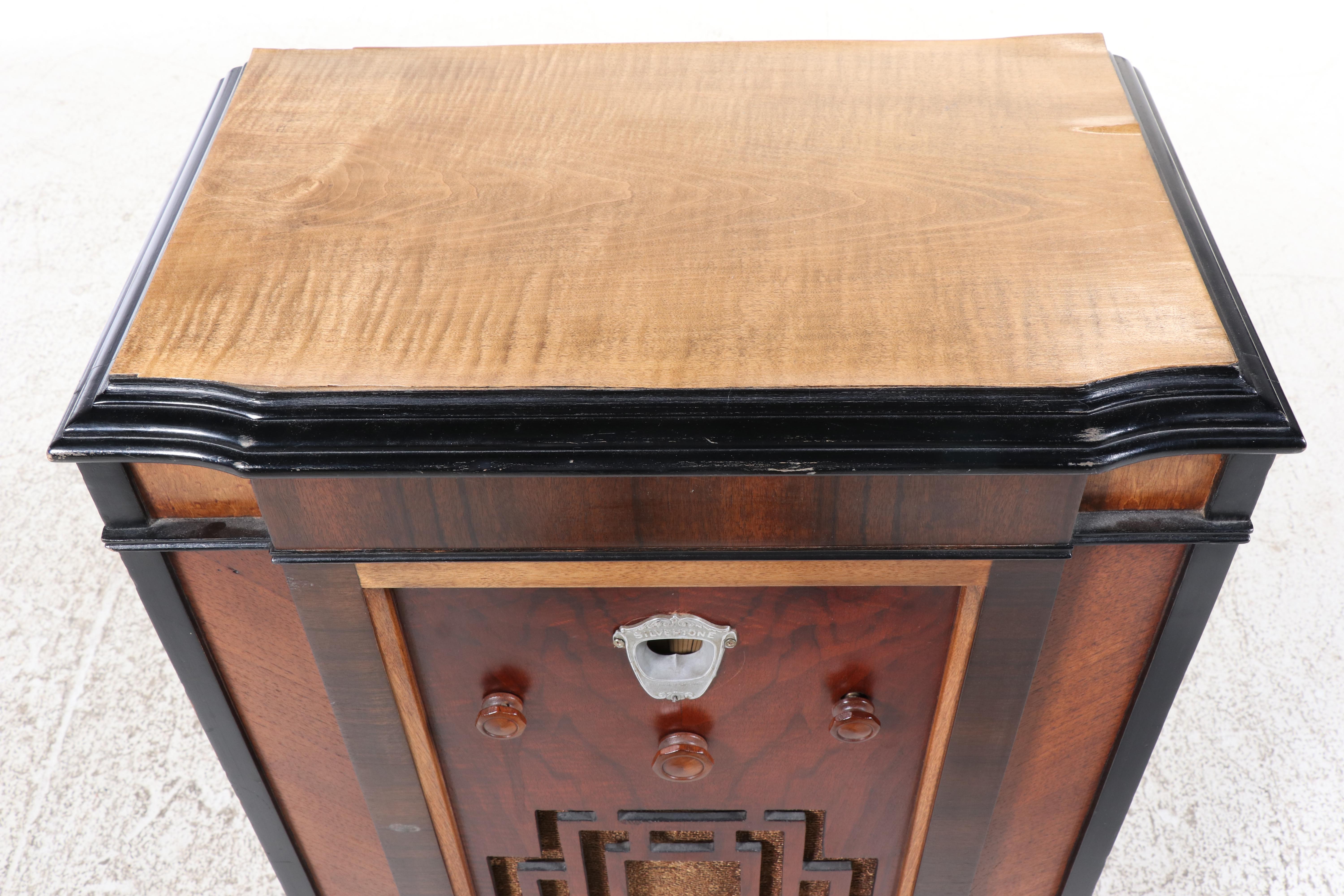 Silvertone Art Deco Walnut, Maple, and Ebonized Floor Radio, Mid-20th Century