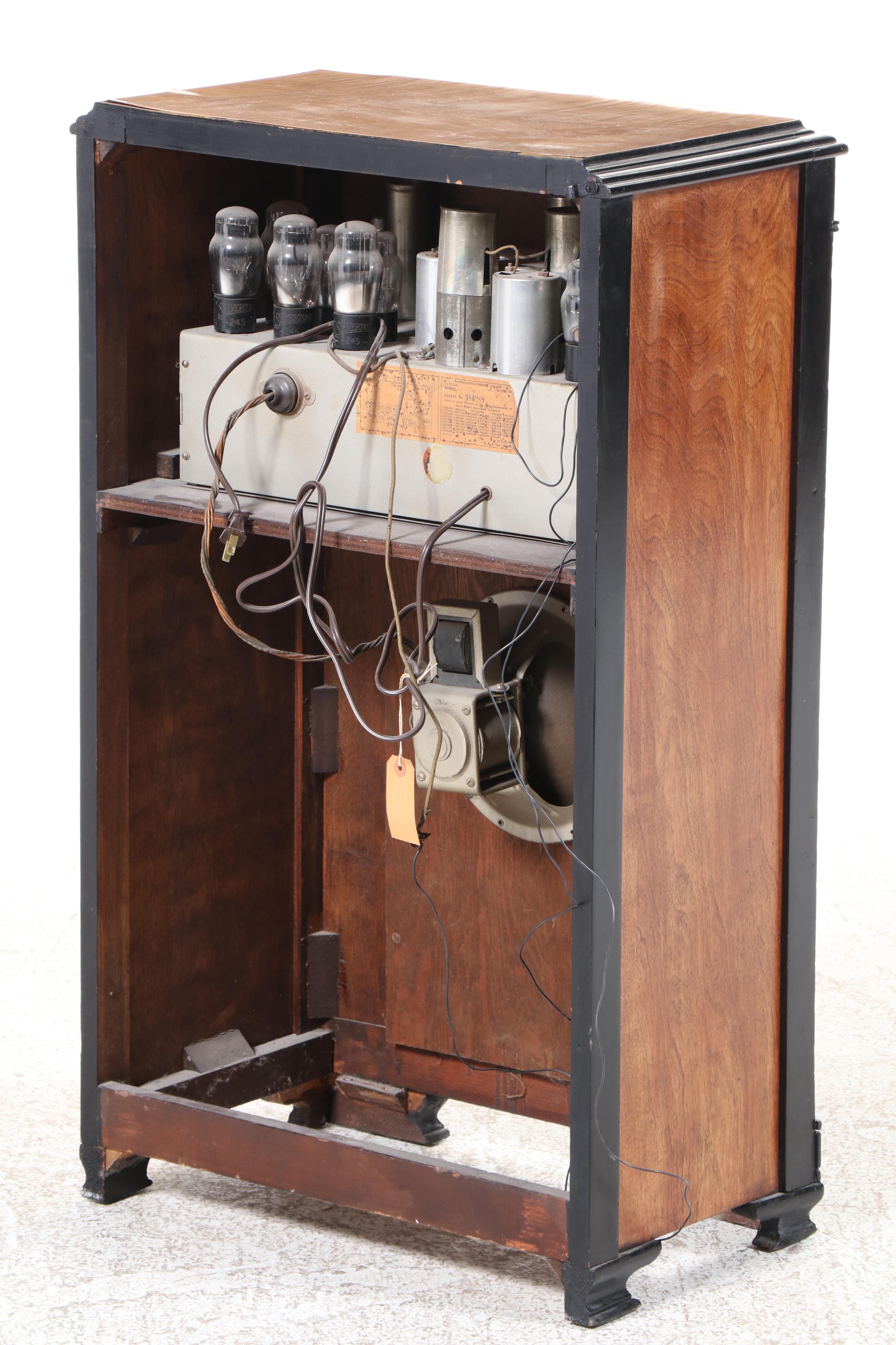 Silvertone Art Deco Walnut, Maple, and Ebonized Floor Radio, Mid-20th Century