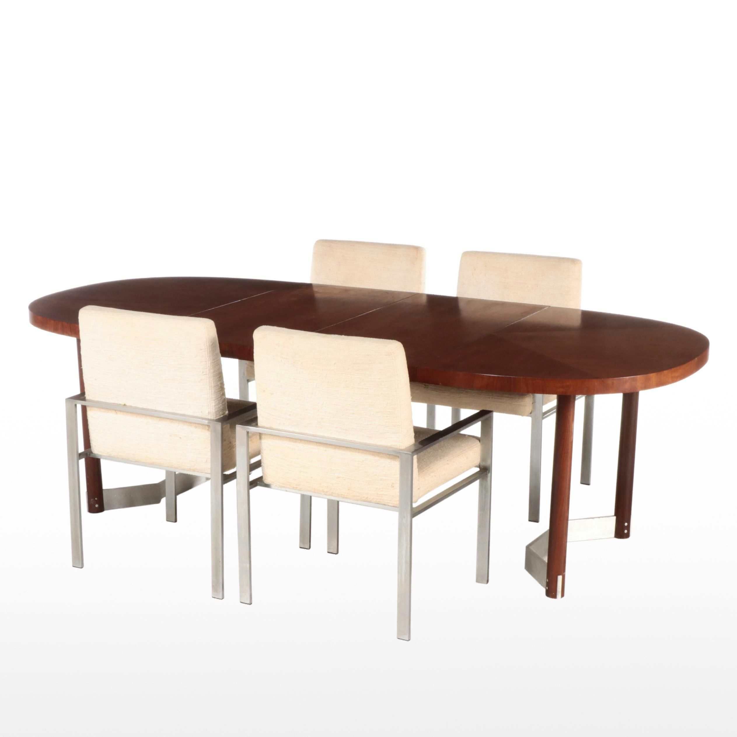 Assembled Five-Piece Modernist Walnut, Aluminum, and Brushed Steel Dining Set