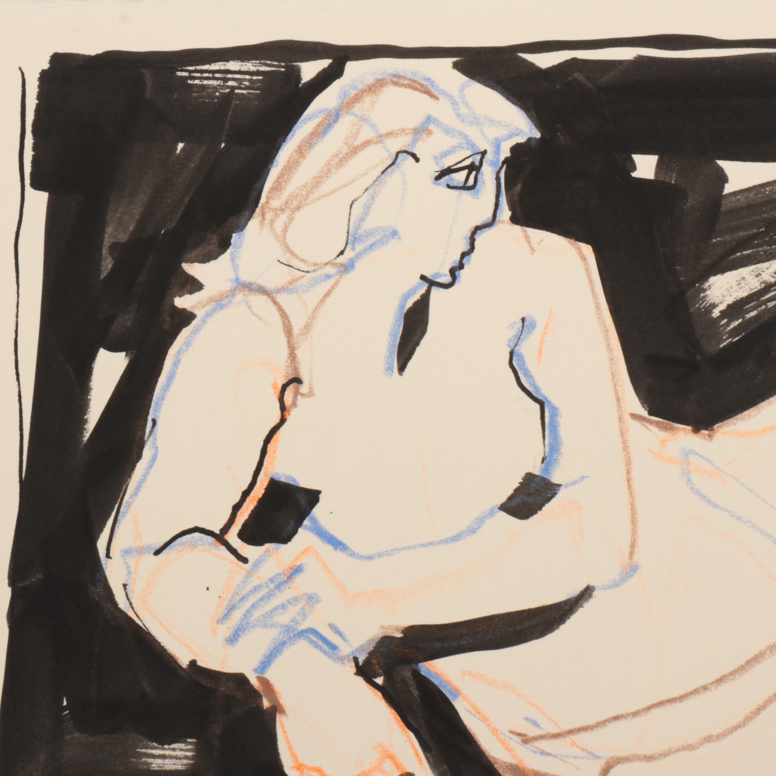 Jack Meanwell Modernist Oil Pastel and Ink Wash Figure Drawing