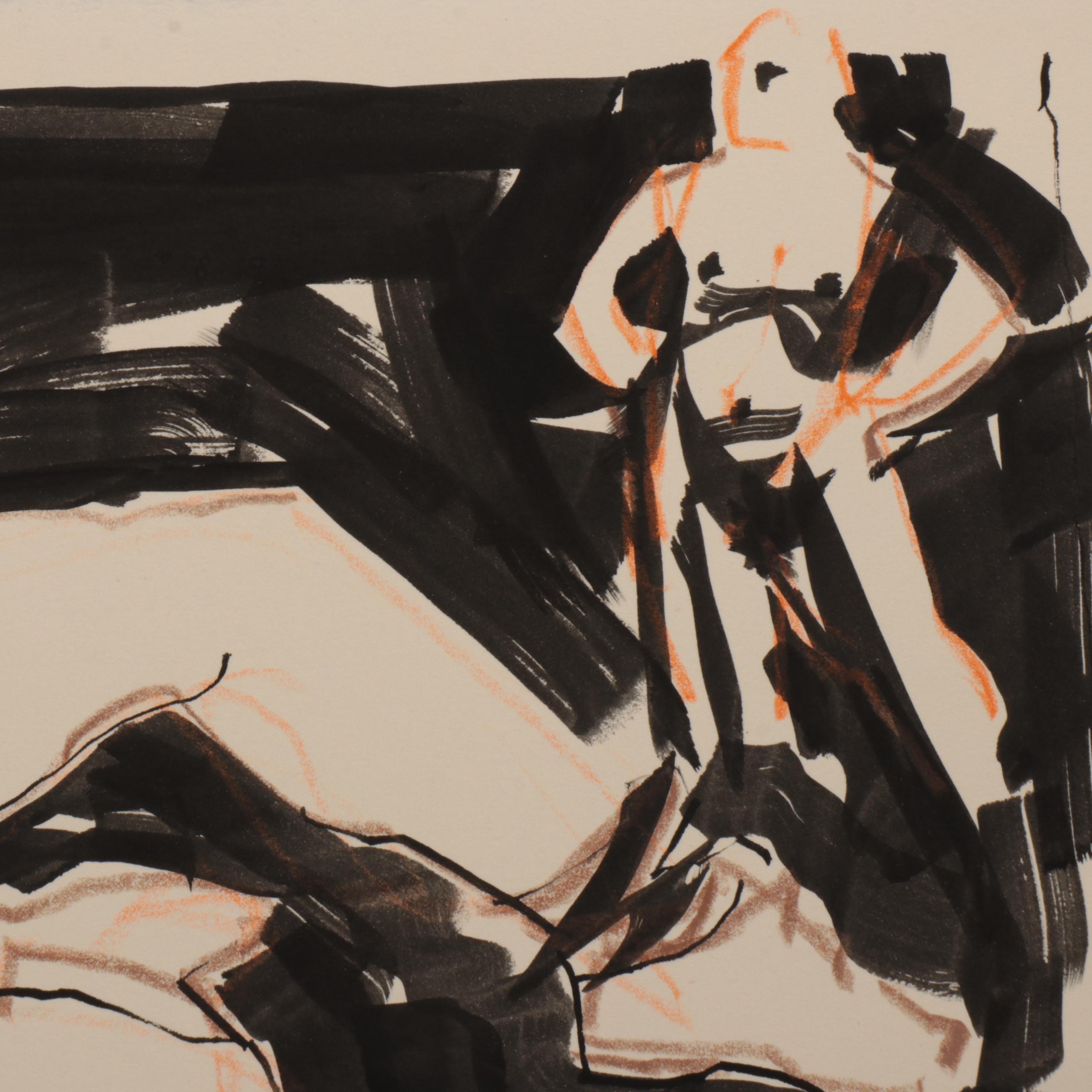 Jack Meanwell Modernist Oil Pastel and Ink Wash Figure Drawing