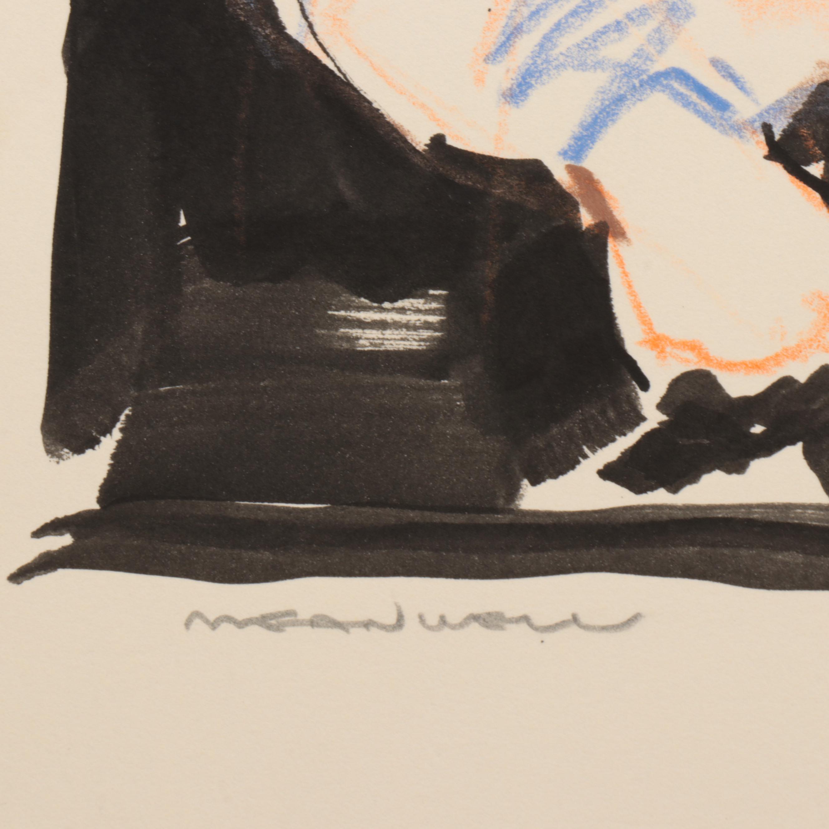 Jack Meanwell Modernist Oil Pastel and Ink Wash Figure Drawing