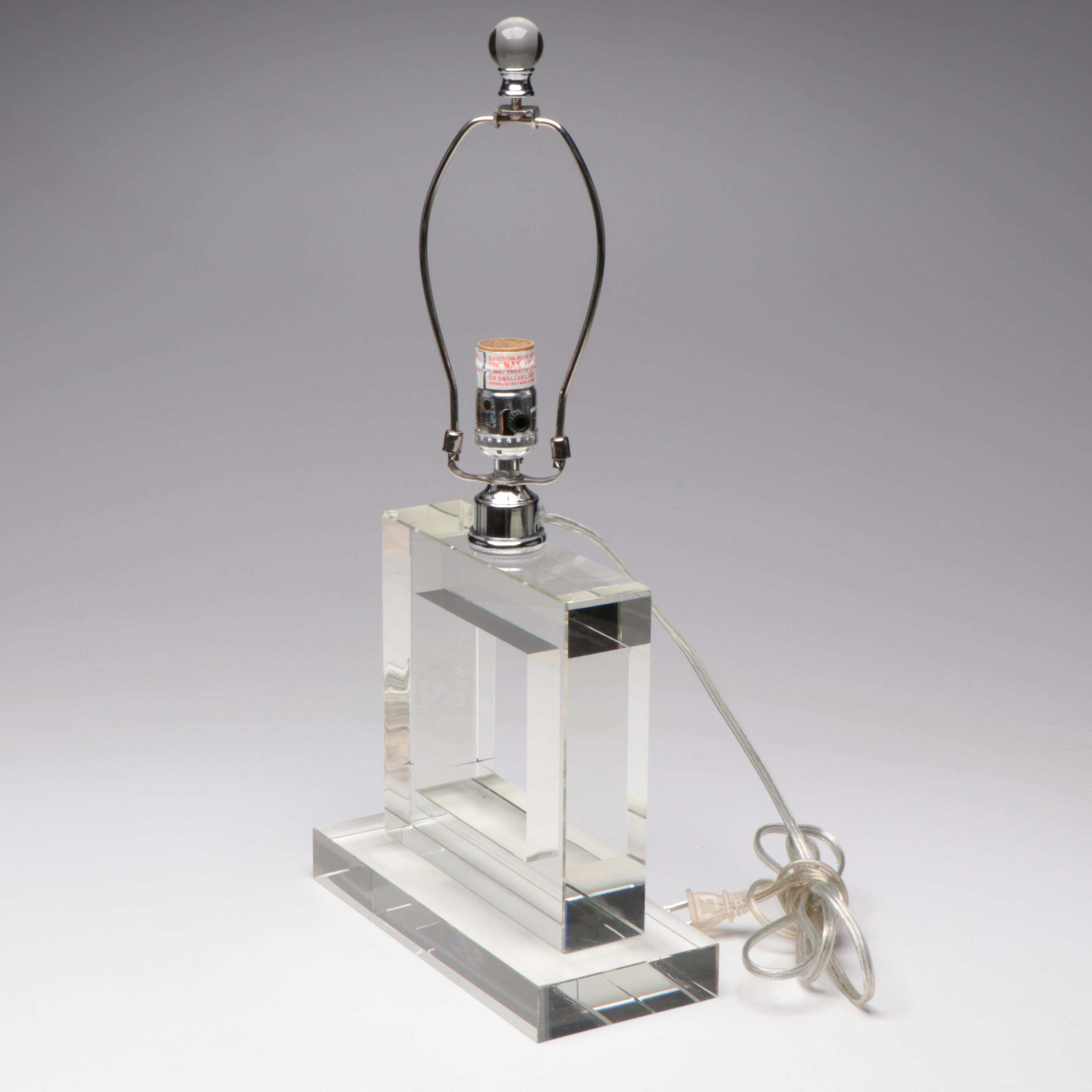 West Elm Style Square Glass Table Lamp with Black Fabric Shade, Glass Finial