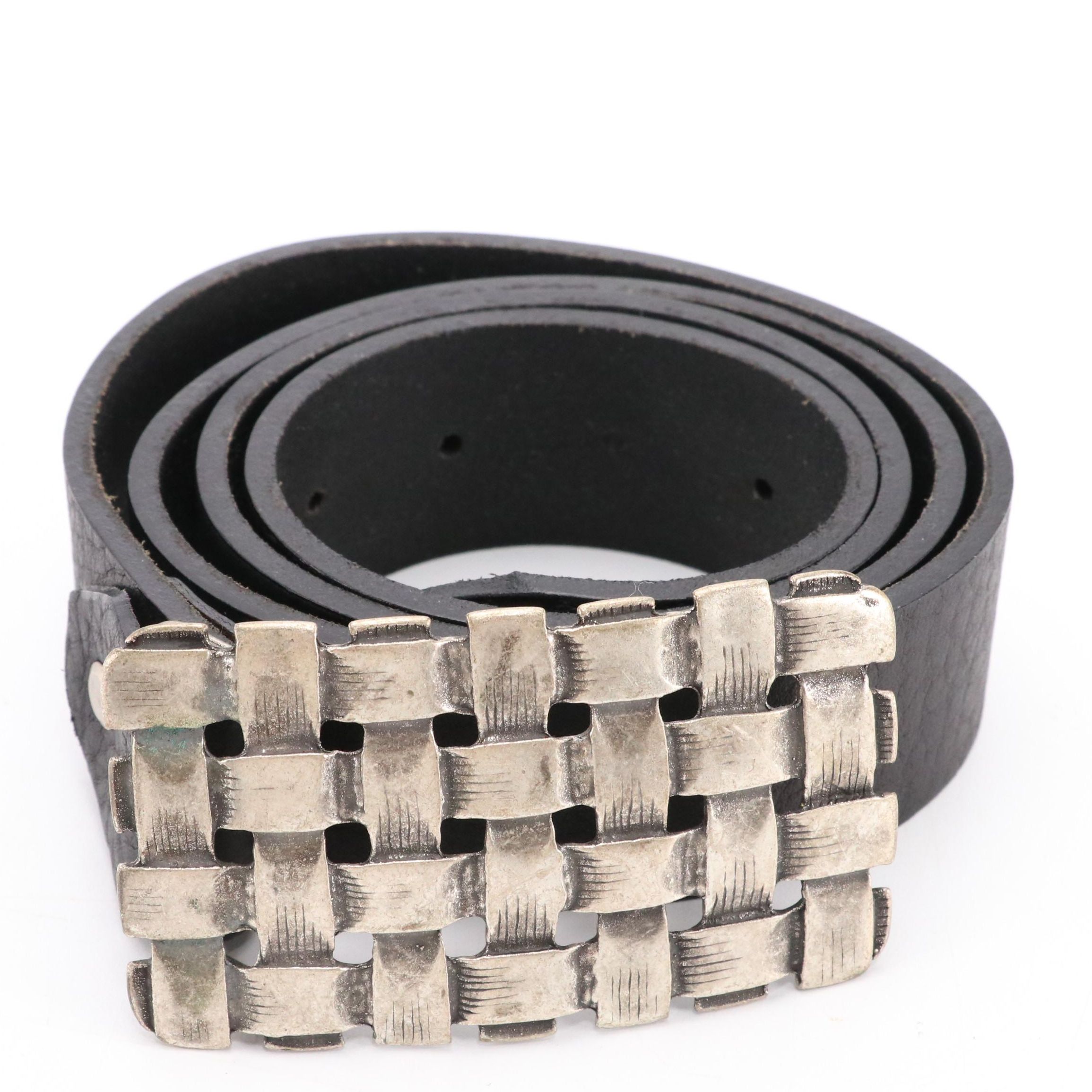 Artigianato Fiorentino Black Leather Belt with Woven Buckle