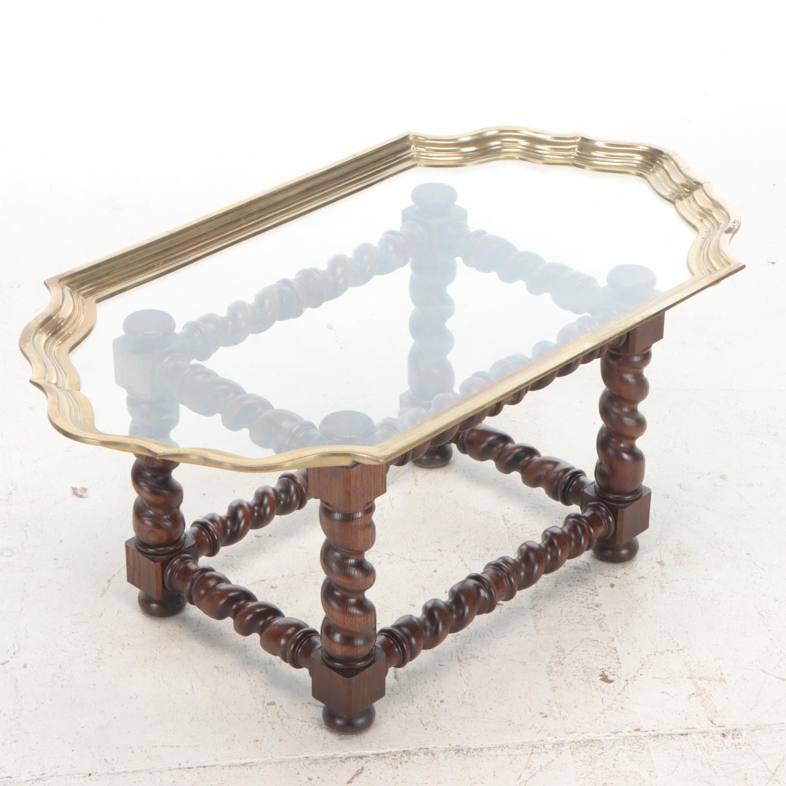 Baker Style Glass, Brass, and Barley Twist Carved Wood Coffee Table