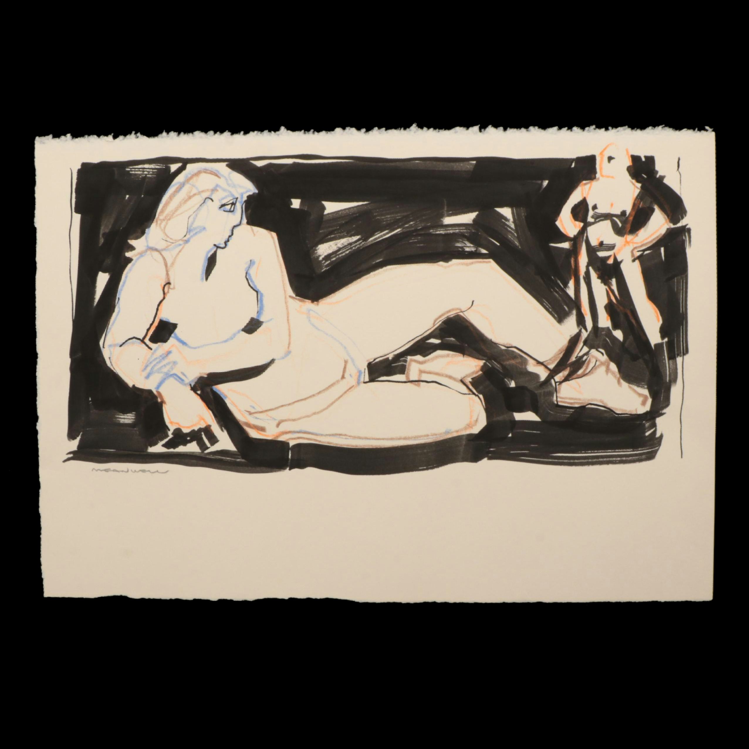 Jack Meanwell Modernist Oil Pastel and Ink Wash Figure Drawing