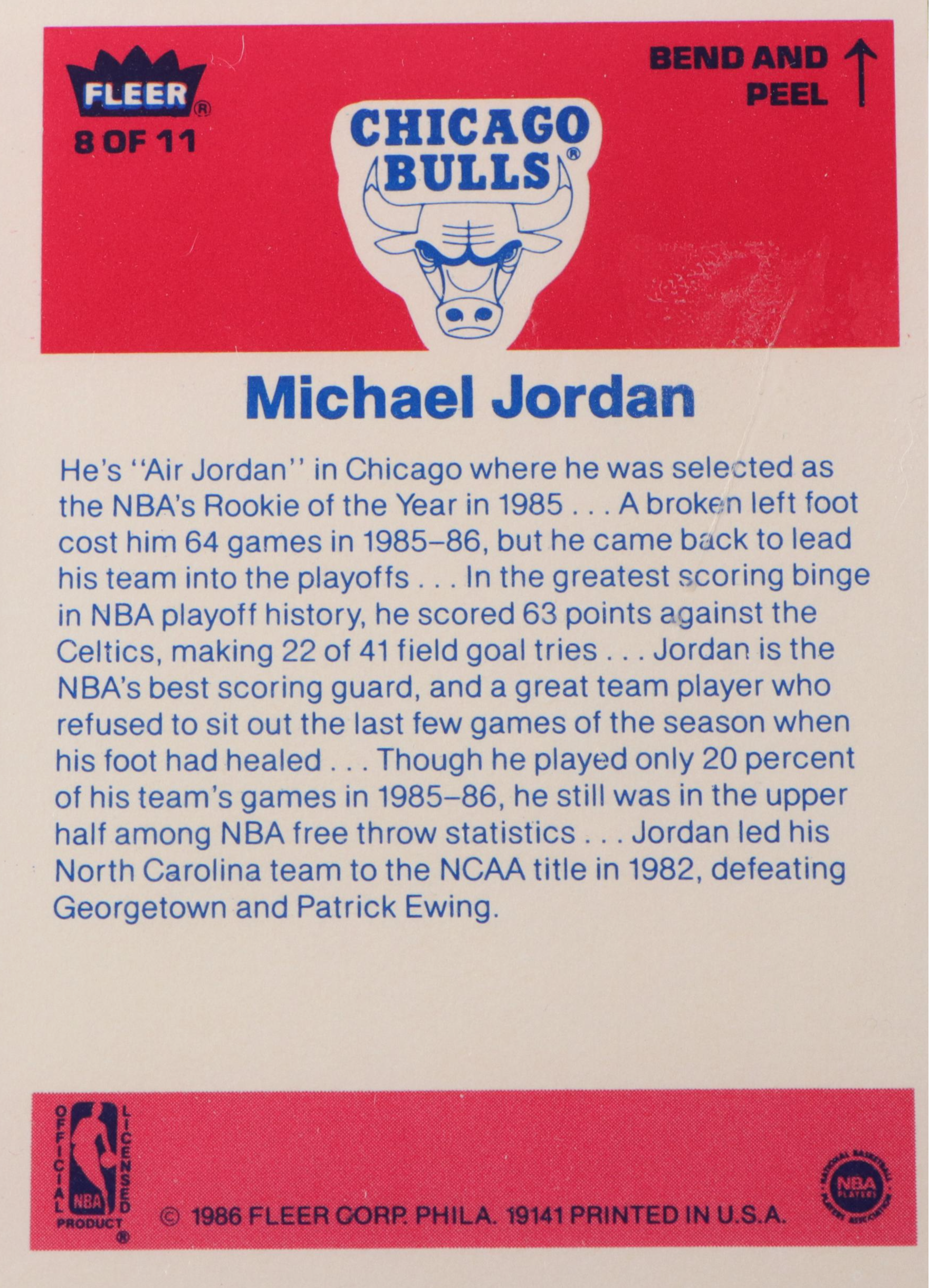 1986 Fleer Michael Jordan Chicago Bulls Rookie Sticker Card Graded PSA 5