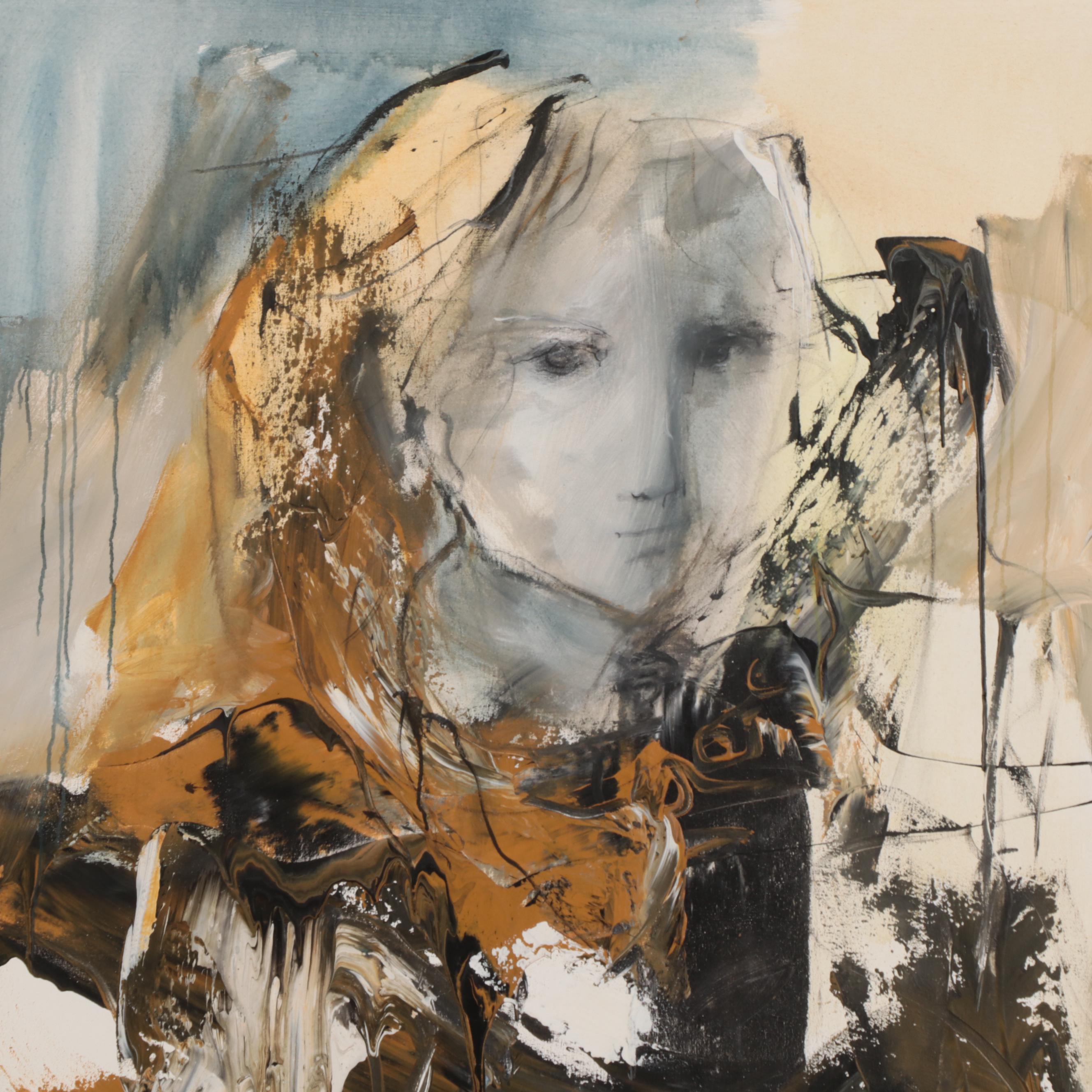 Gino Hollander Abstract Expressionist Portrait Oil Painting, 1971