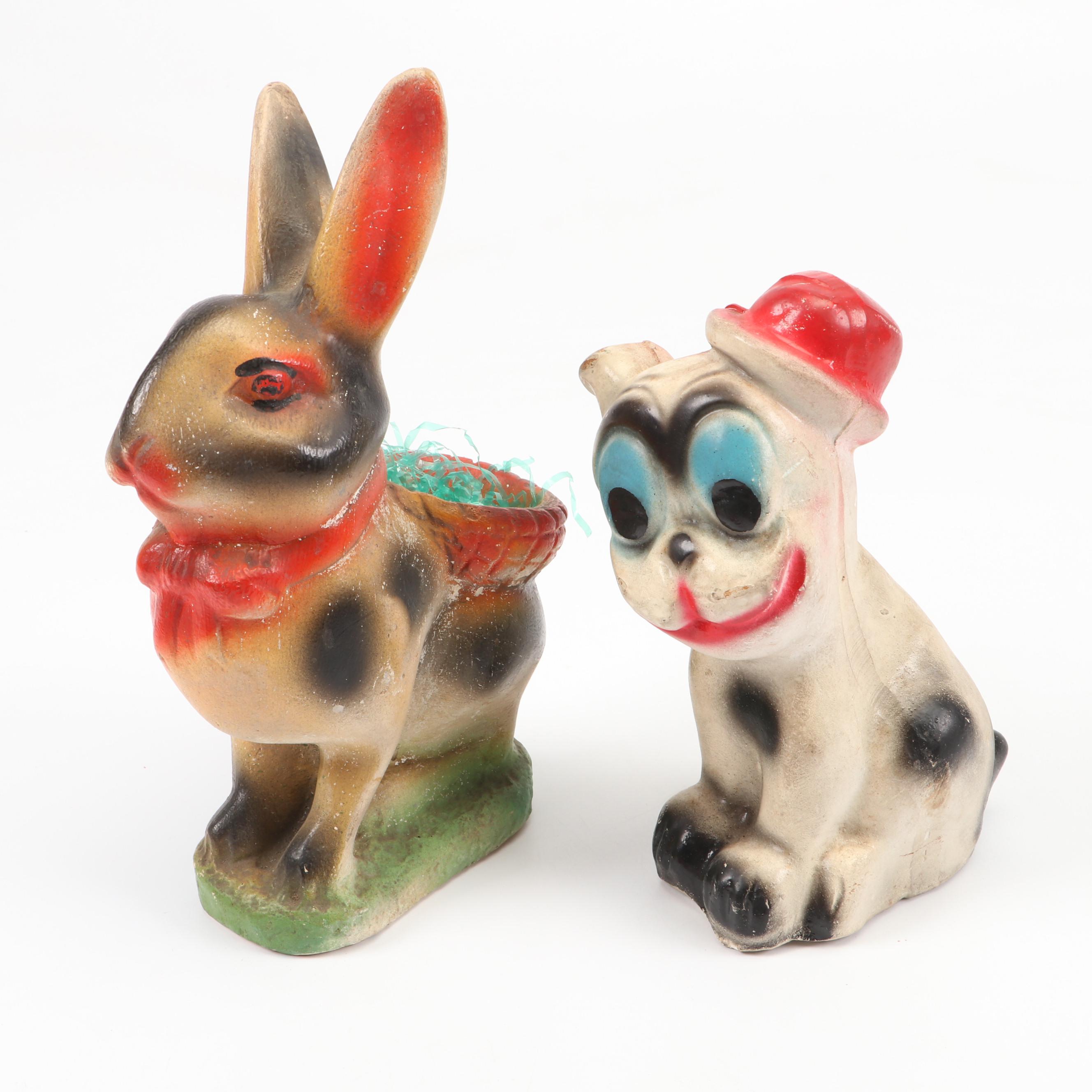 Chalkware "Bonzo" and Bunny Carnival Figurines with Wall Hangings, Mid-20th C.