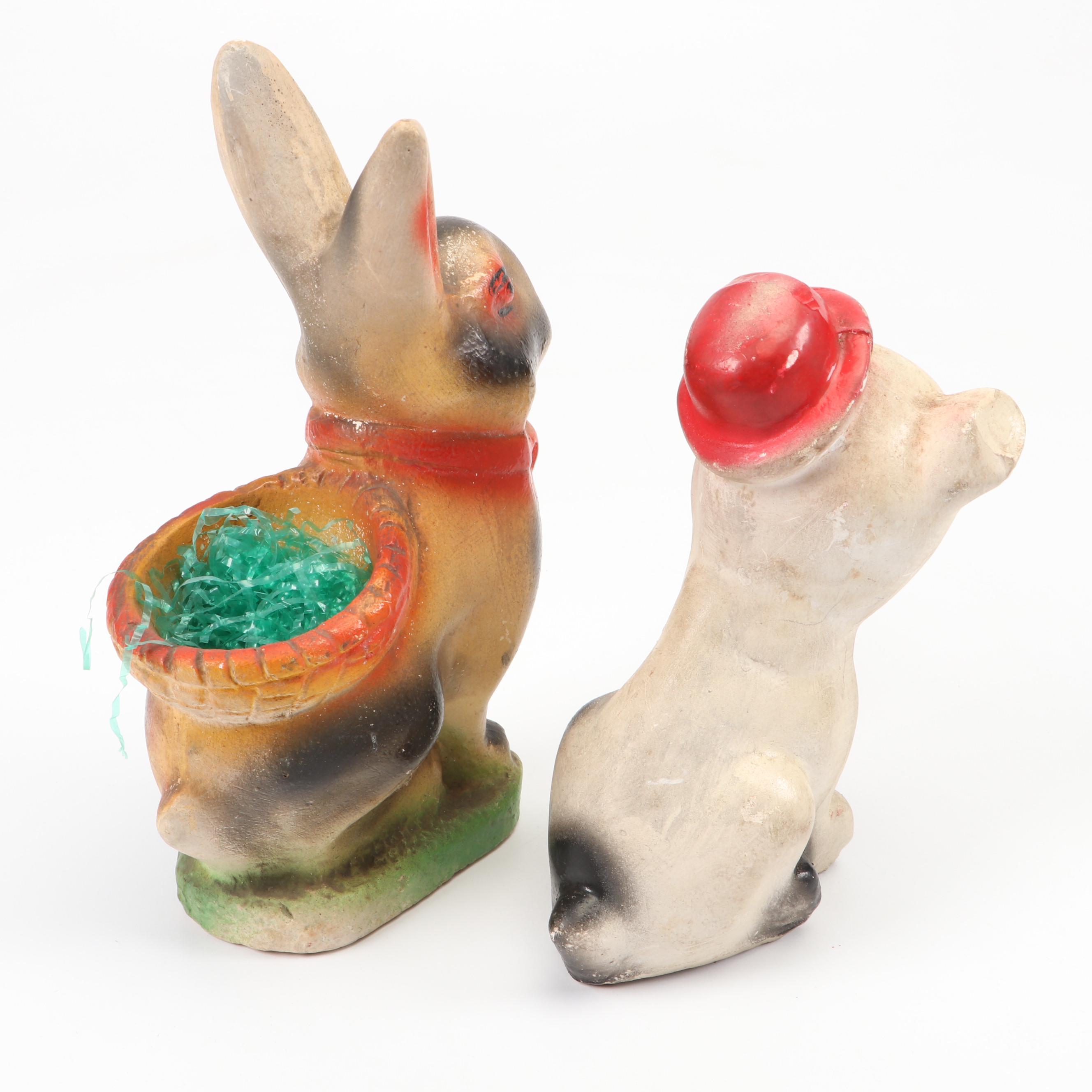 Chalkware "Bonzo" and Bunny Carnival Figurines with Wall Hangings, Mid-20th C.