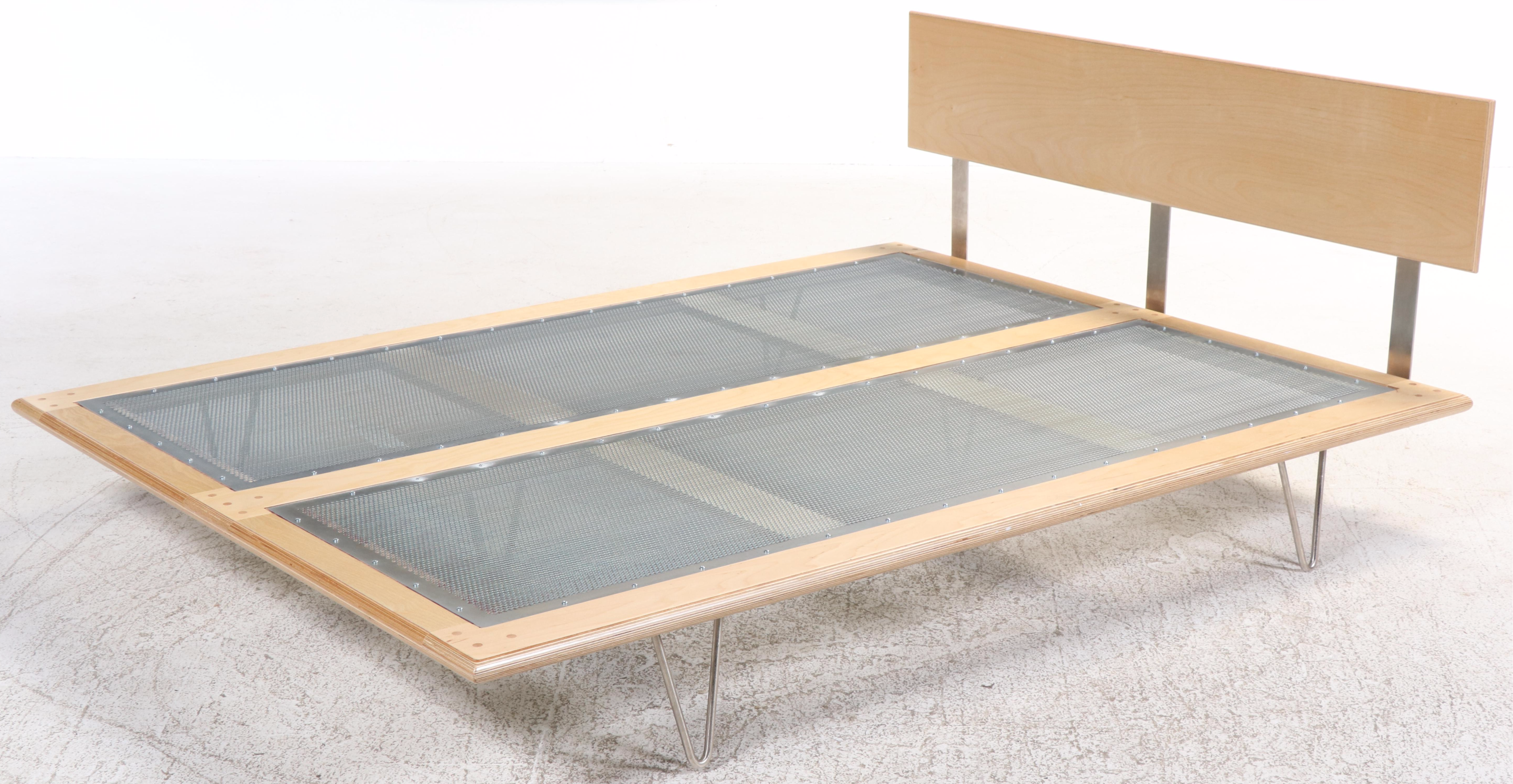 Modernist Blonde Wood and Hairpin Leg Queen Size Bed and Nightstand