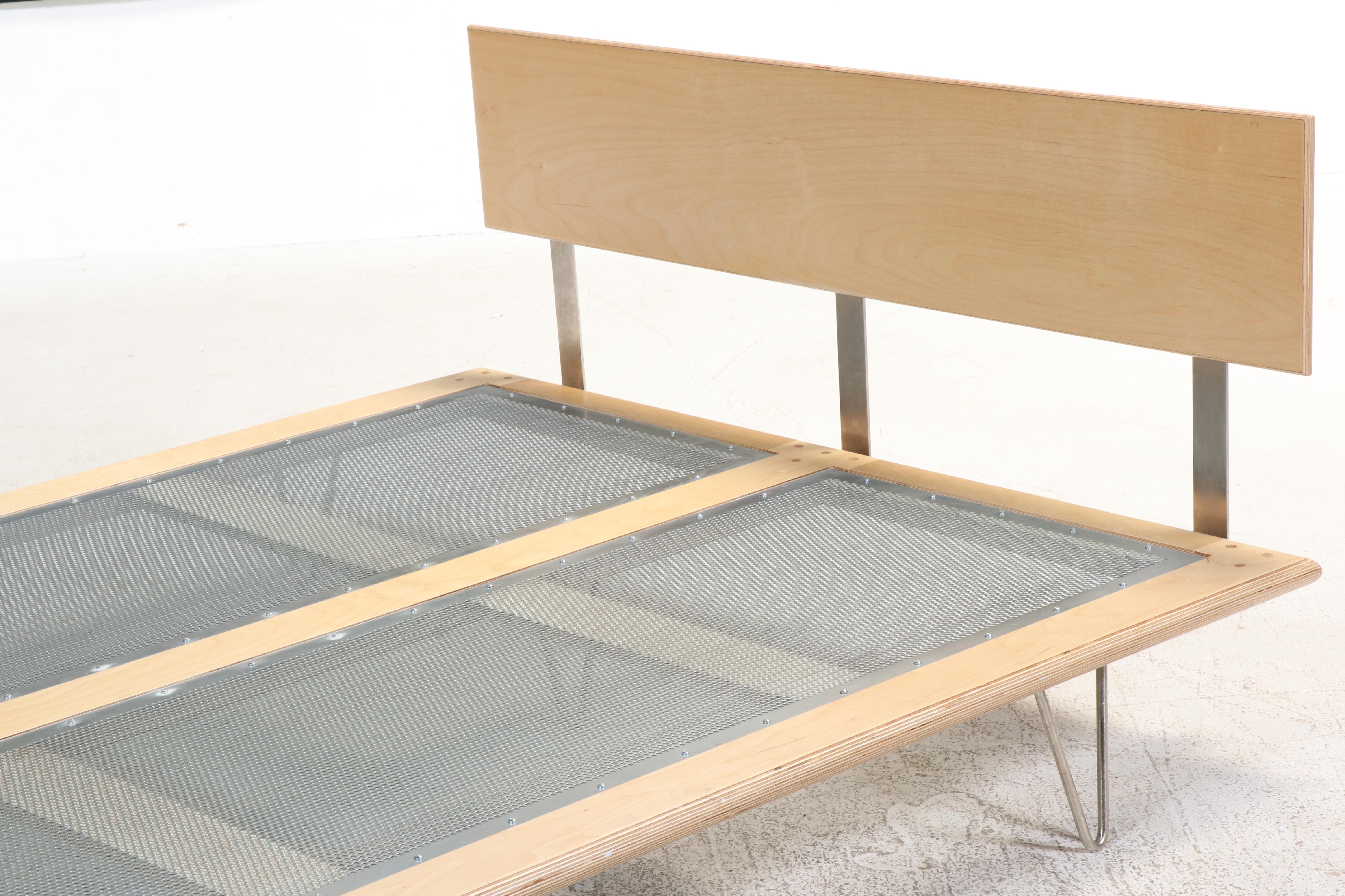 Modernist Blonde Wood and Hairpin Leg Queen Size Bed and Nightstand