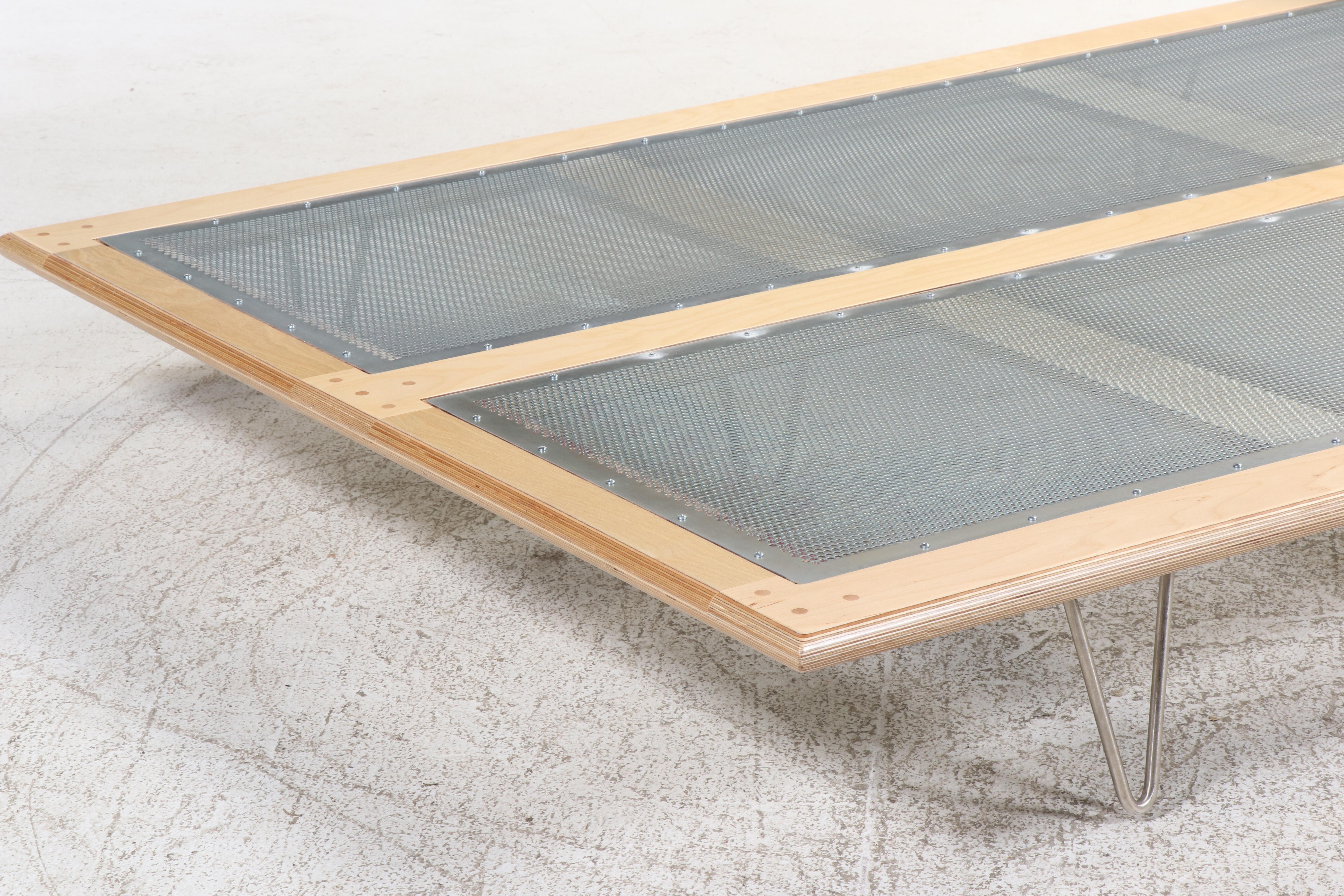 Modernist Blonde Wood and Hairpin Leg Queen Size Bed and Nightstand