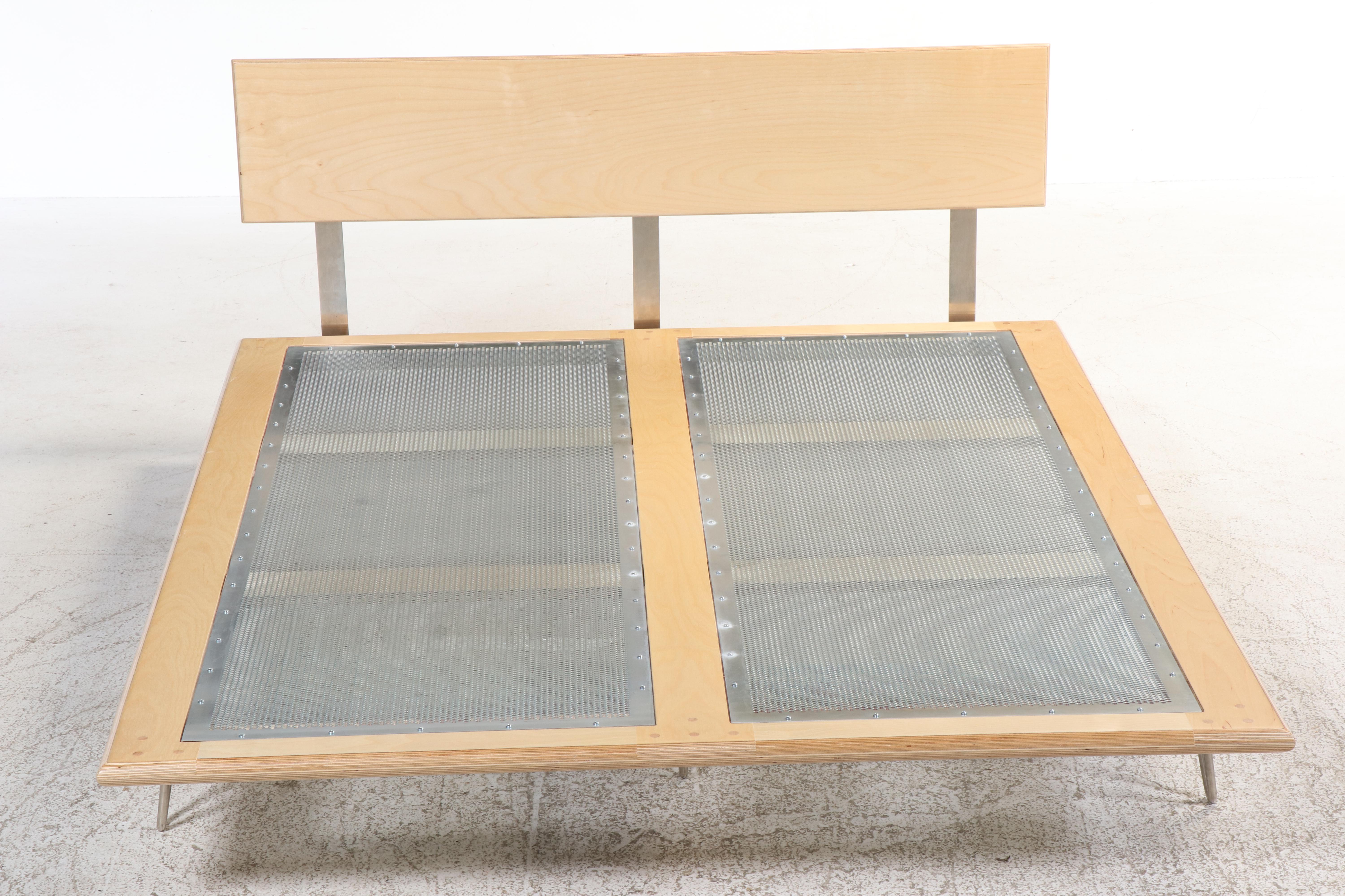 Modernist Blonde Wood and Hairpin Leg Queen Size Bed and Nightstand