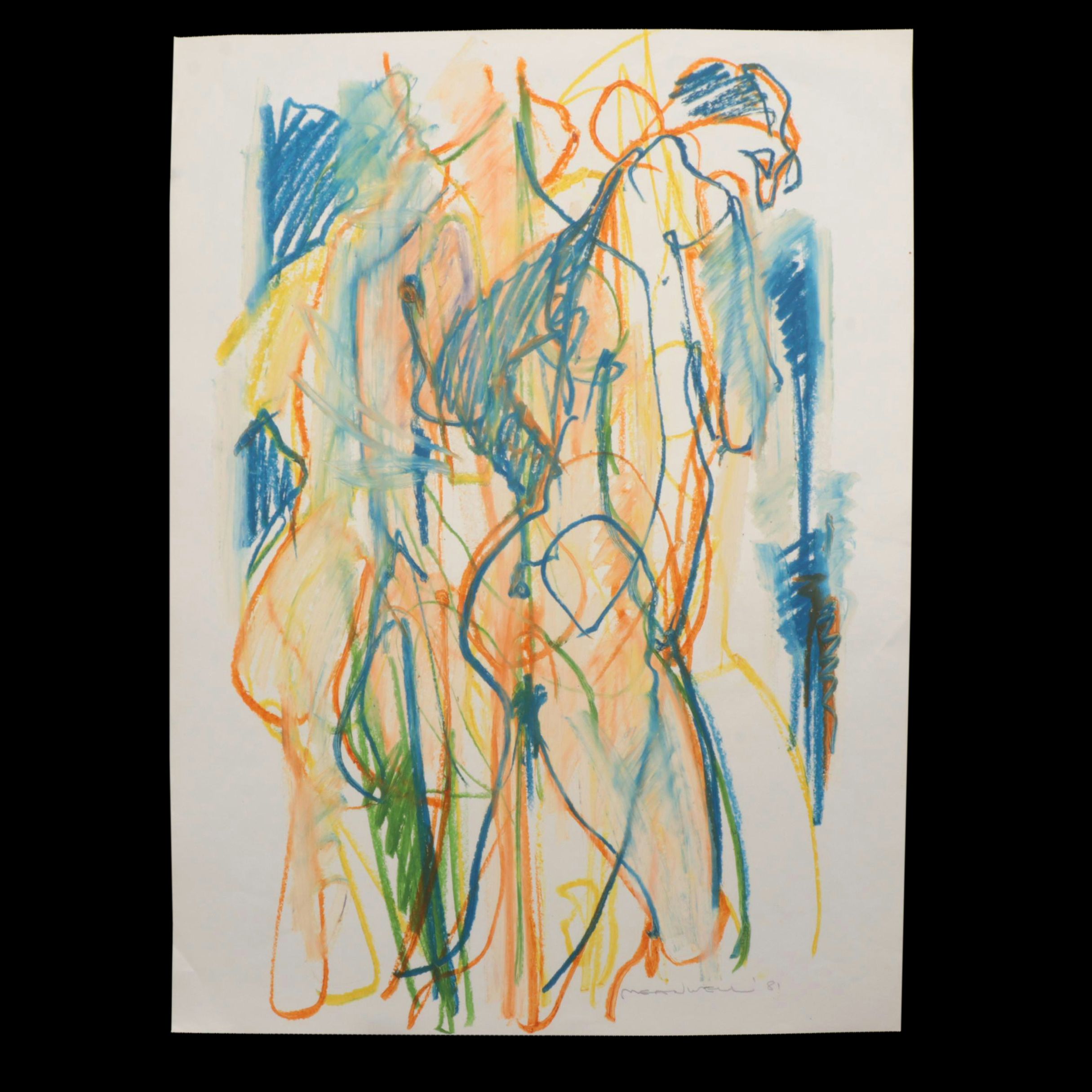 Jack Meanwell Expressionist Oil Pastel Figure Drawing, 1981