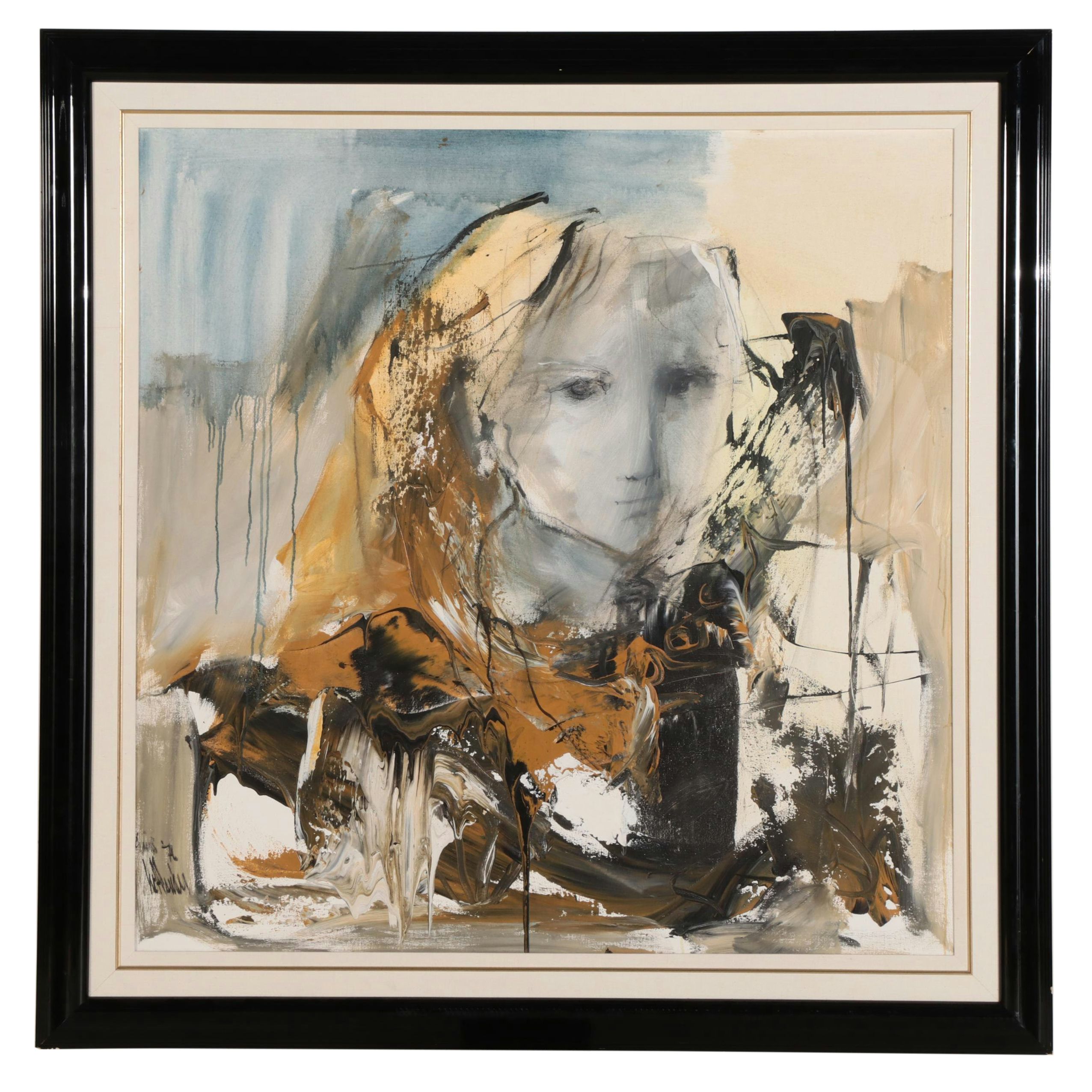 Gino Hollander Abstract Expressionist Portrait Oil Painting, 1971