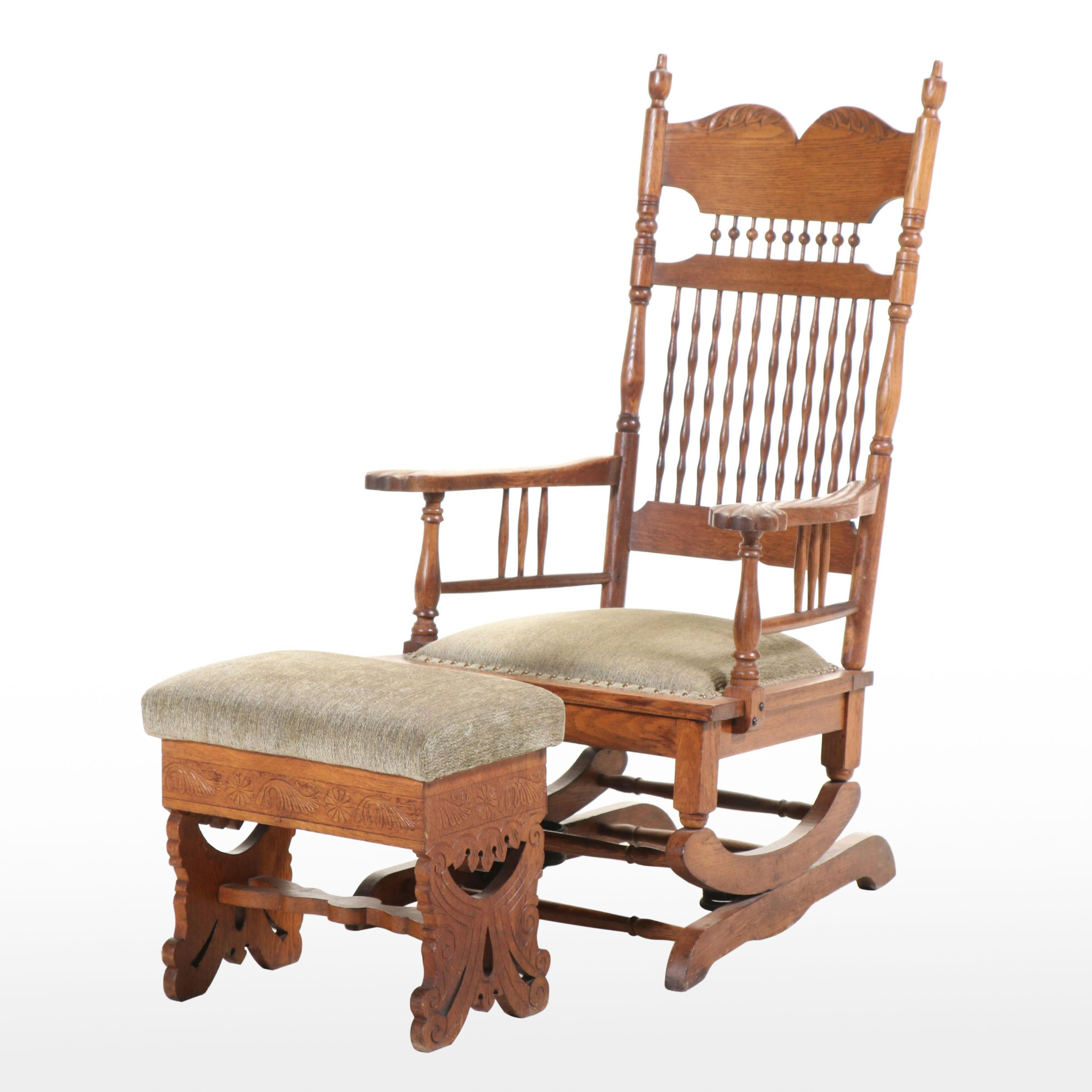 Late Victorian Quartersawn and Carved Oak Platform Rocker with Storage Ottoman
