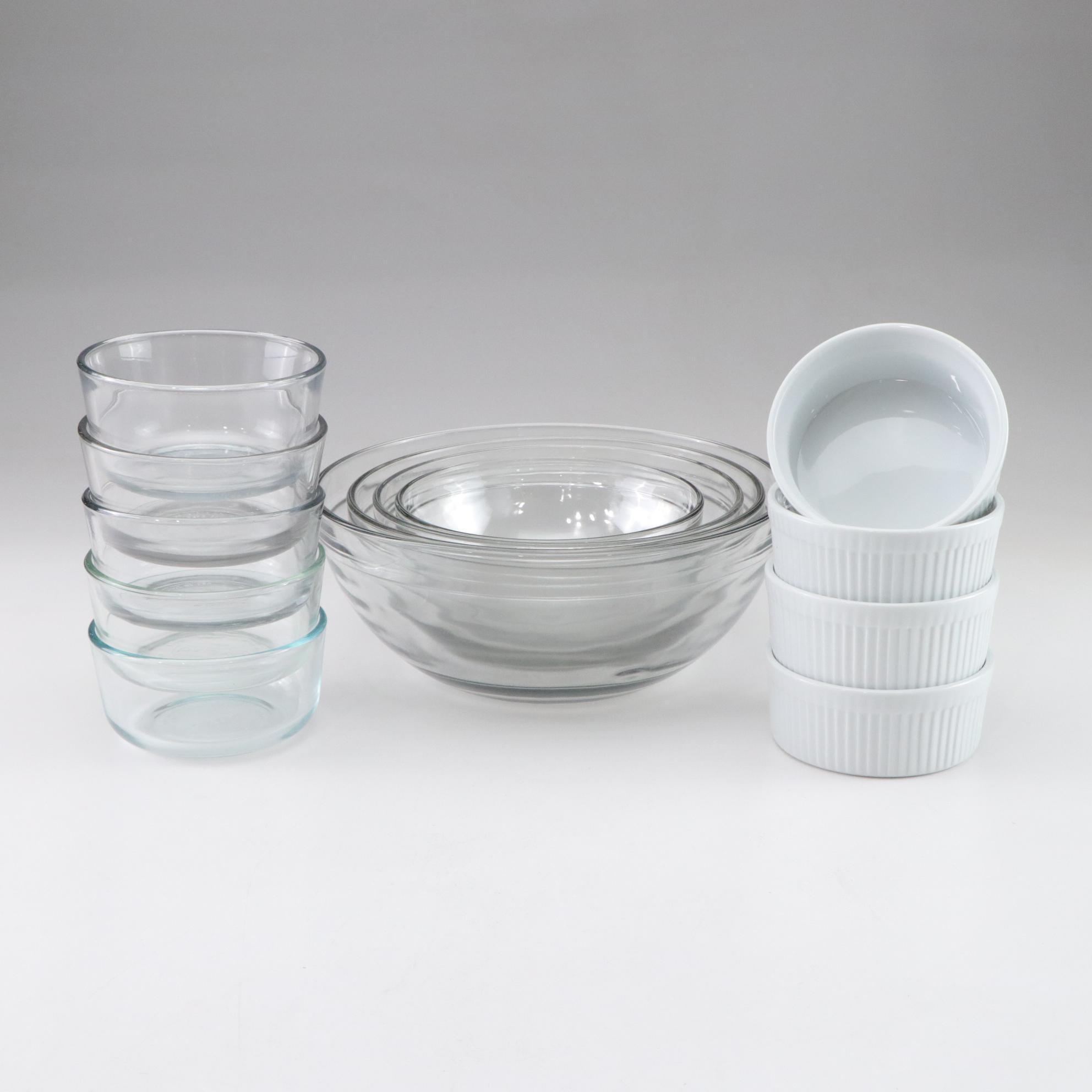 Anchor Hocking and Pyrex Glass Mixing Bowls with BIA Cordon Bleu Ceramic Dishes