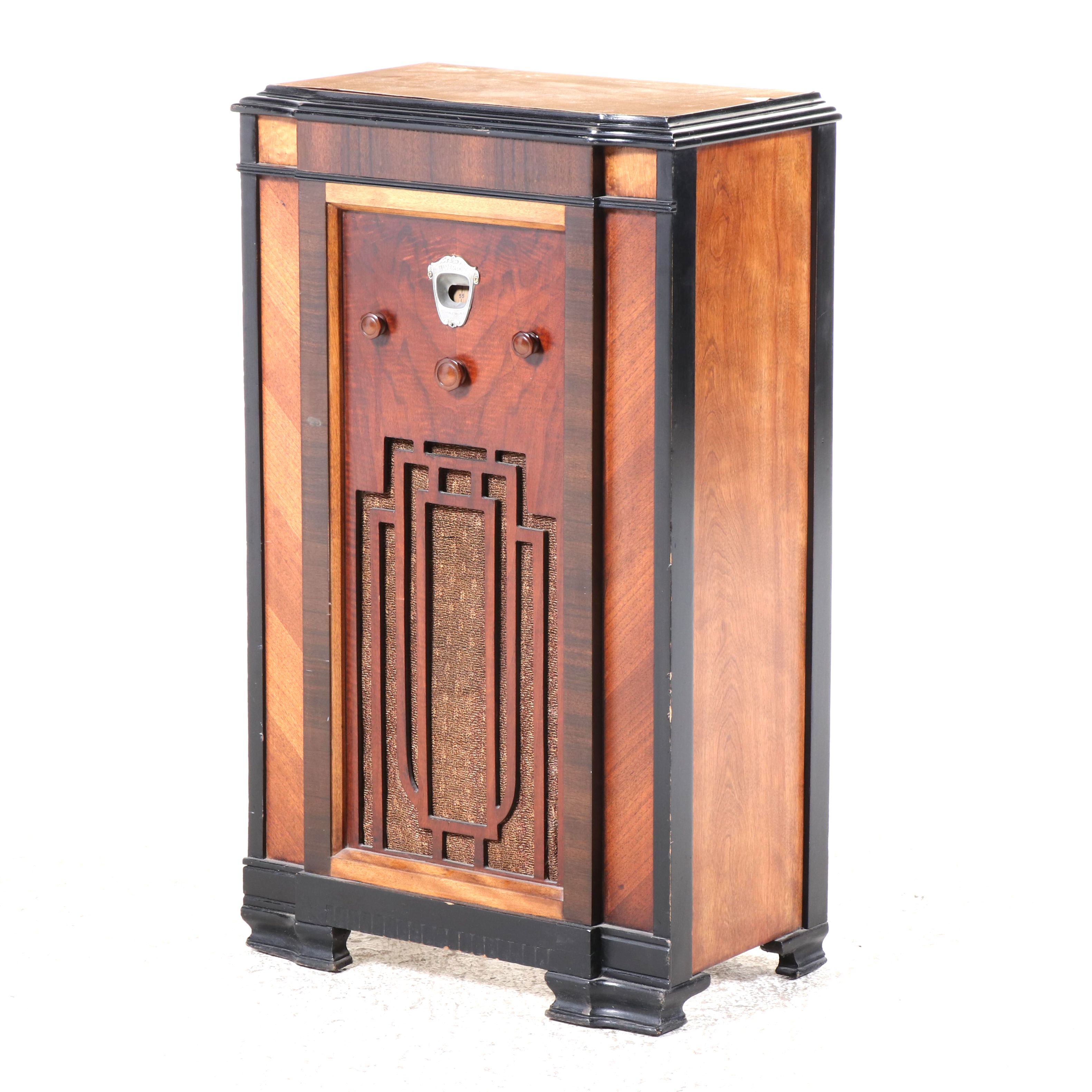 Silvertone Art Deco Walnut, Maple, and Ebonized Floor Radio, Mid-20th Century