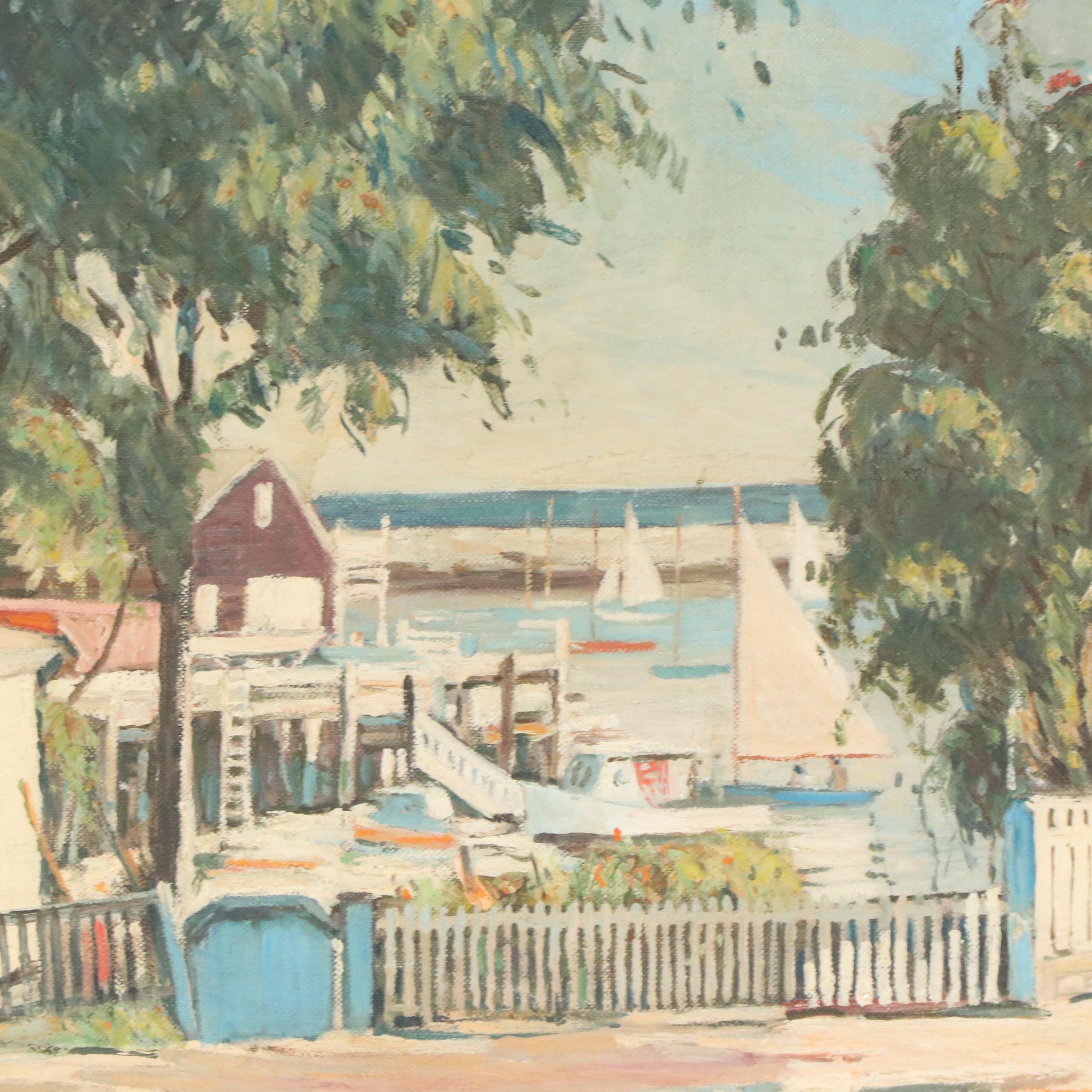Jesse Bradford Hague Northeastern Marina Scene Oil Painting, Mid-20th Century
