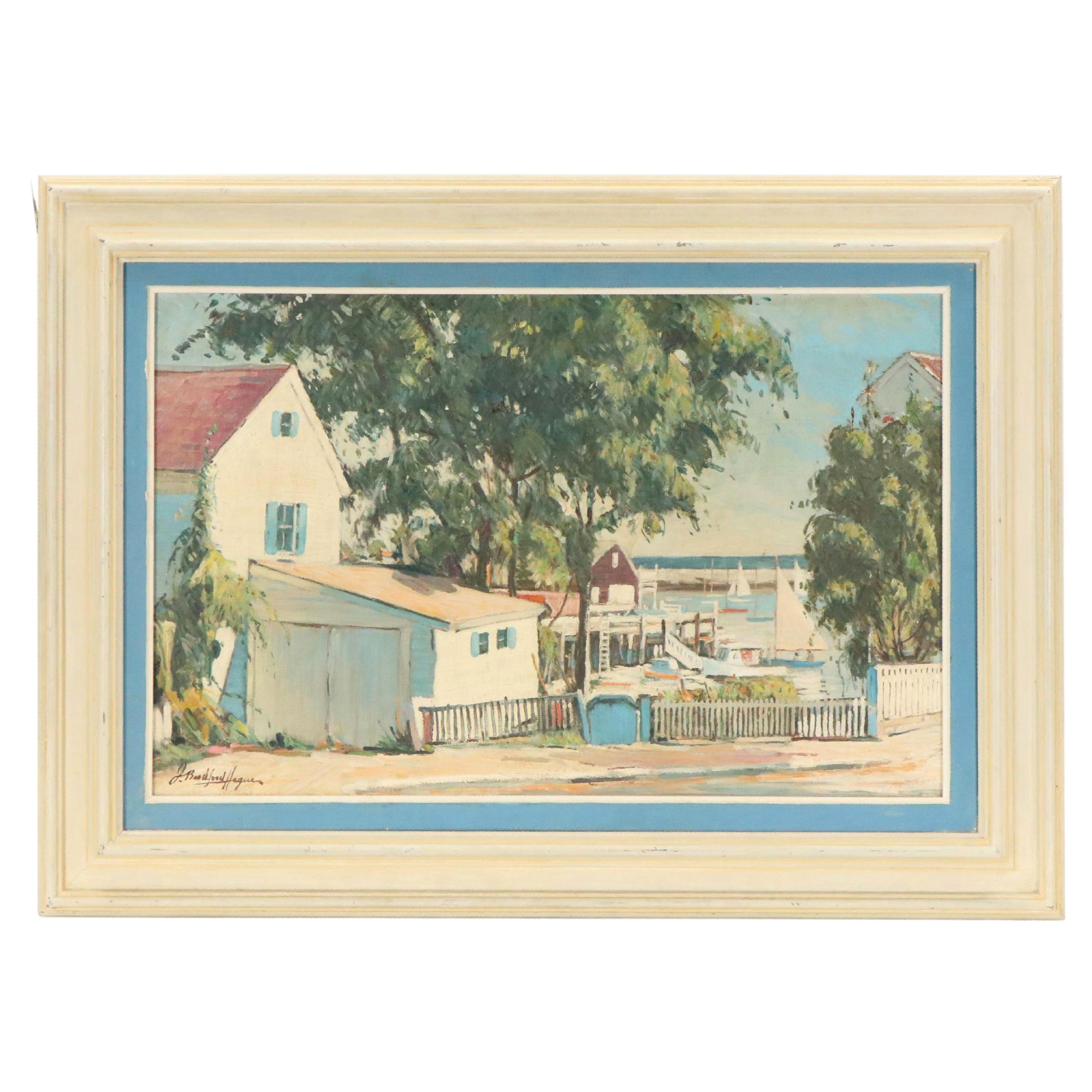 Jesse Bradford Hague Northeastern Marina Scene Oil Painting, Mid-20th Century