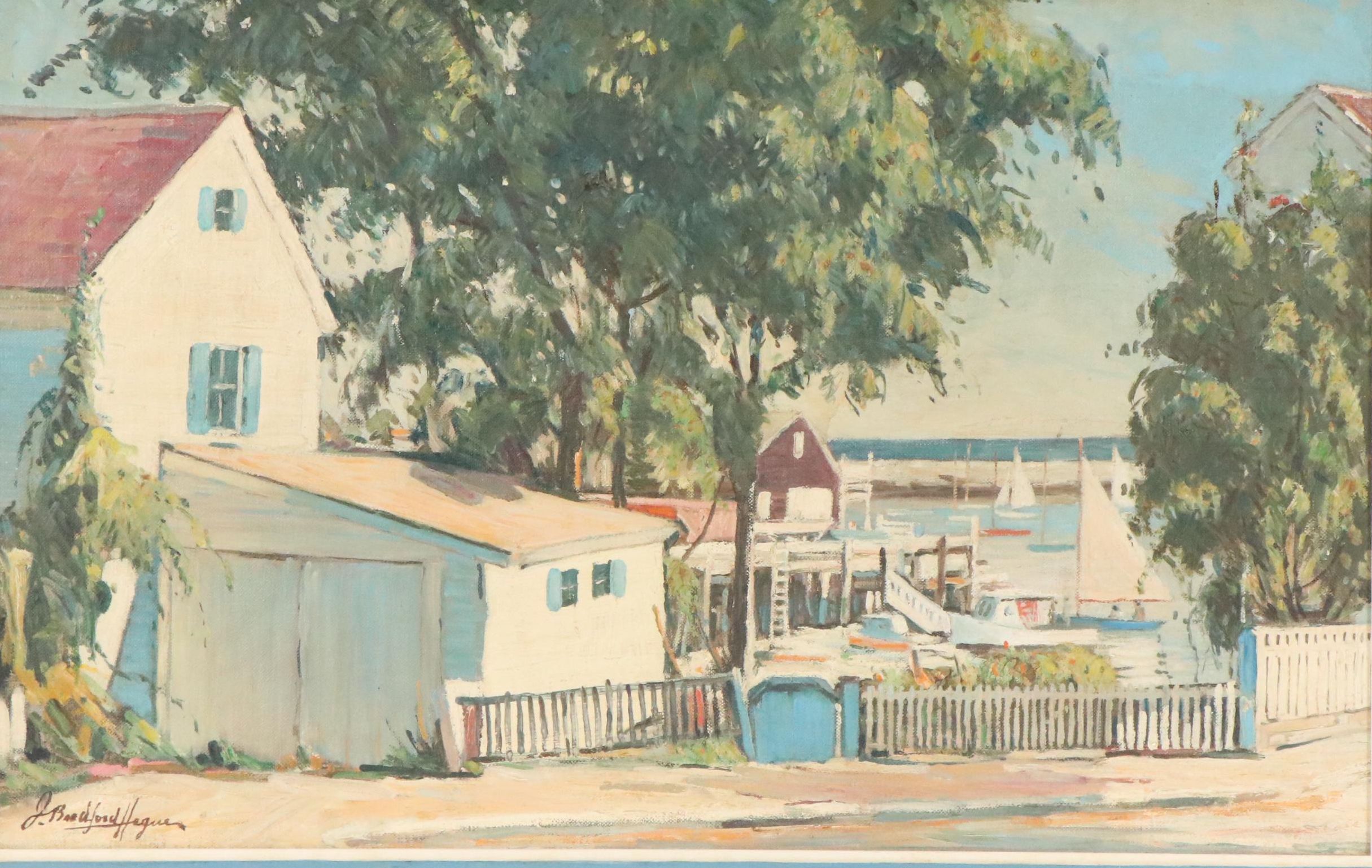 Jesse Bradford Hague Northeastern Marina Scene Oil Painting, Mid-20th Century